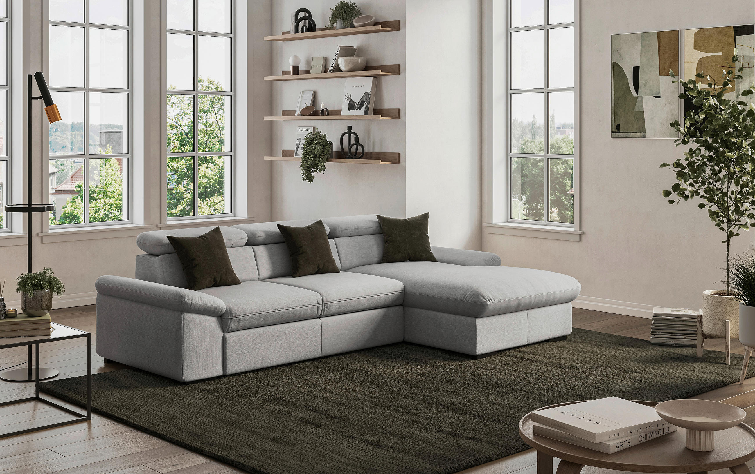 ECKSOFA in Flachgewebe Hellgrau  - Hellgrau/Schwarz, Design, Kunststoff/Textil (250/165cm) - Livetastic