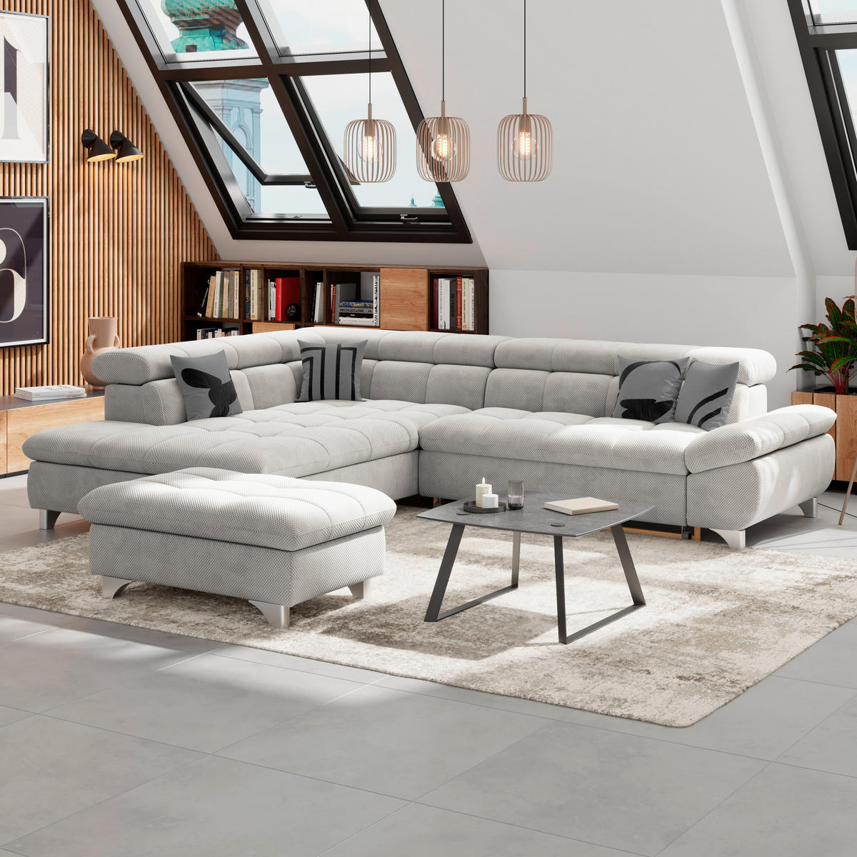 ECKSOFA Beige Chenille  - Chromfarben/Beige, KONVENTIONELL, Textil/Metall (234/312cm) - Livetastic