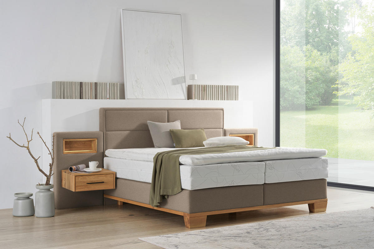 BOXSPRINGBETT 180/200 cm,  in Eichefarben, Greige, Matratze, Topper, unterschiedliche Matratzenhärtegrade je Bettseite, H3 + H4 = fest + sehr fest  - Greige/Eichefarben, Natur, Holz/Textil (180/200cm) - Valnatura