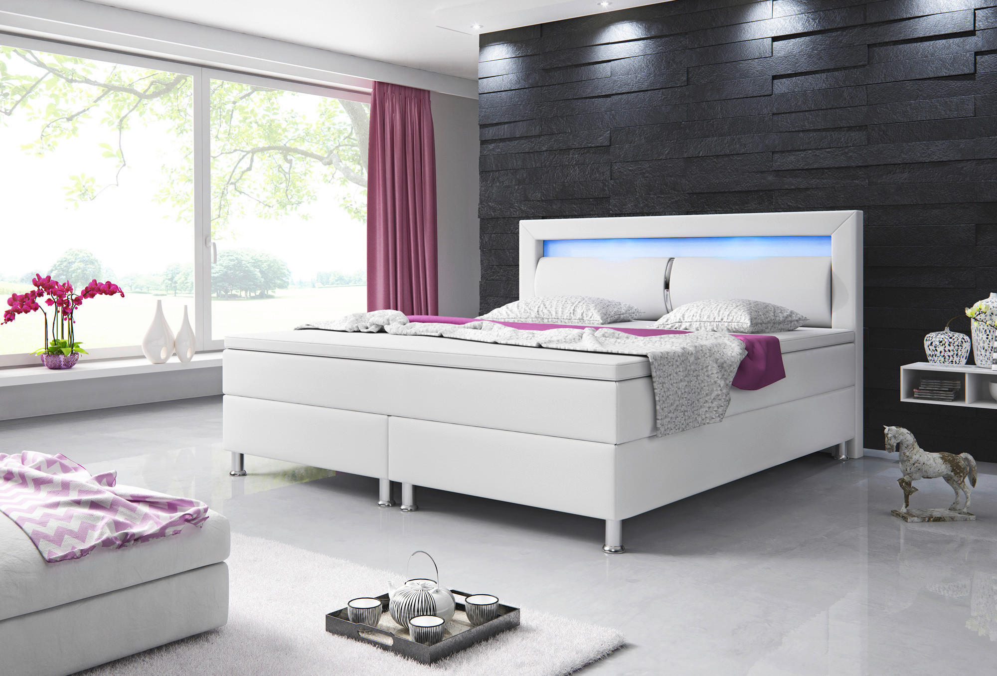 Boxspringbett mit Topper  in Weiß  - Silberfarben/Weiß, KONVENTIONELL, Leder/Textil (180/115/210cm) - MID.YOU