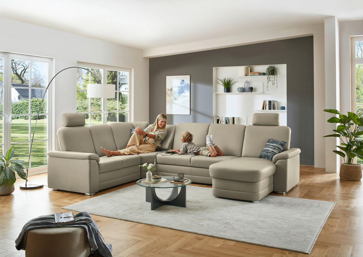 WOHNLANDSCHAFT  in Chenille Sandfarben  - Sandfarben/Alufarben, KONVENTIONELL, Holz/Textil (235/329/160cm) - Beldomo Comfort