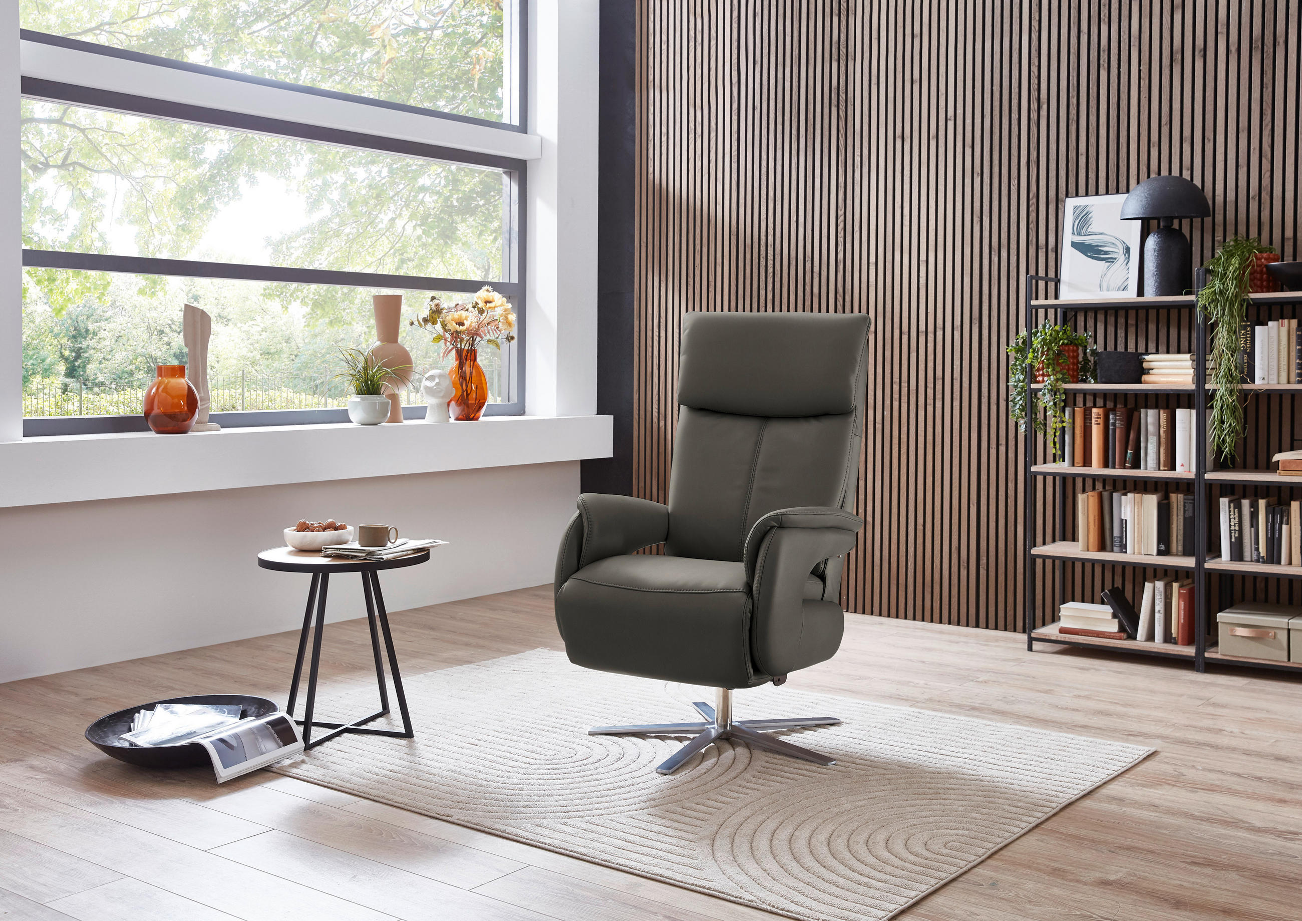 RELAXSESSEL in Leder Grau  - Edelstahlfarben/Grau, Design, Leder/Metall (70/124/85cm) - Cantus