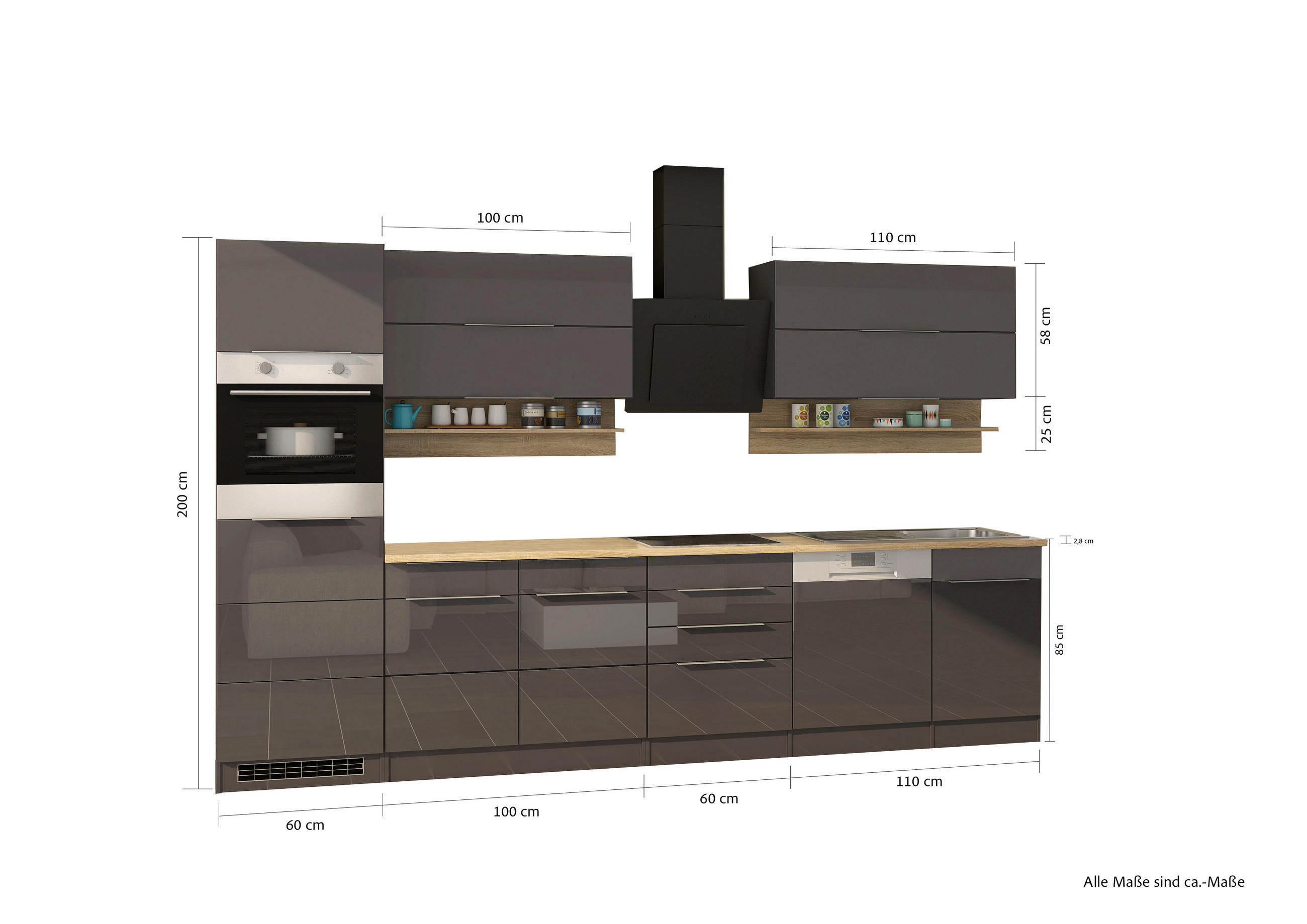 Thumbnail - Held Küchenleerblock Neapel, Grau, Sonoma Eiche, Grau Hochglanz, Metall, 5 Schubladen, seitenverkehrt montierbar, 330 cm...