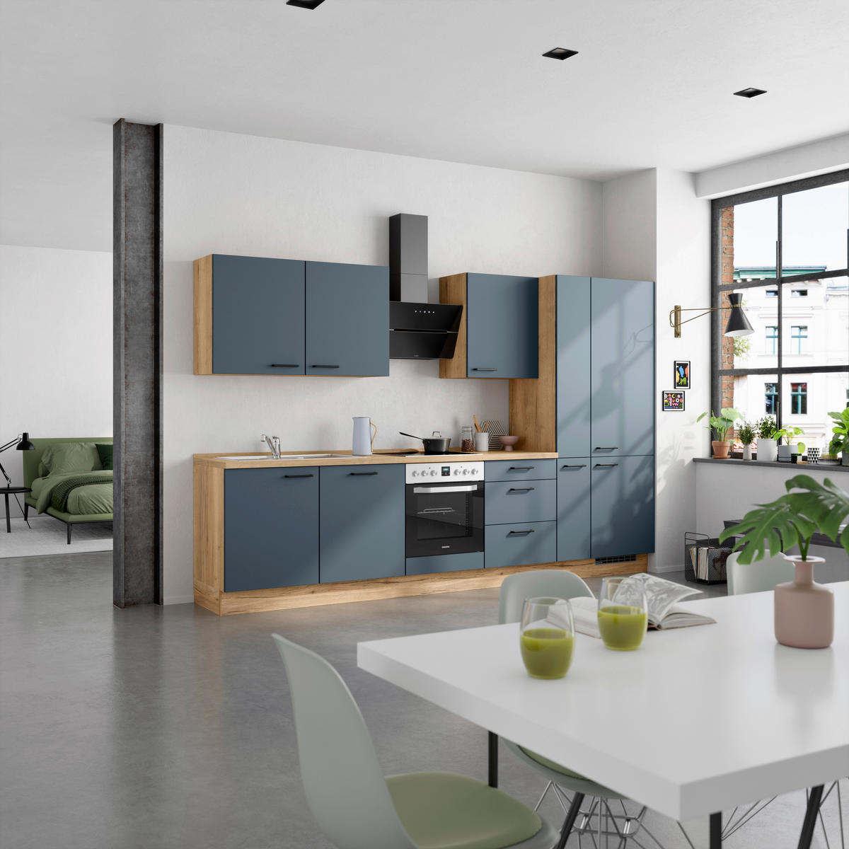 KÜCHENBLOCK Easytouch 330 cm  in Eichefarben, Dunkelblau  - Eichefarben/Schwarz, MODERN, Holzwerkstoff/Metall (330cm) - Nobilia