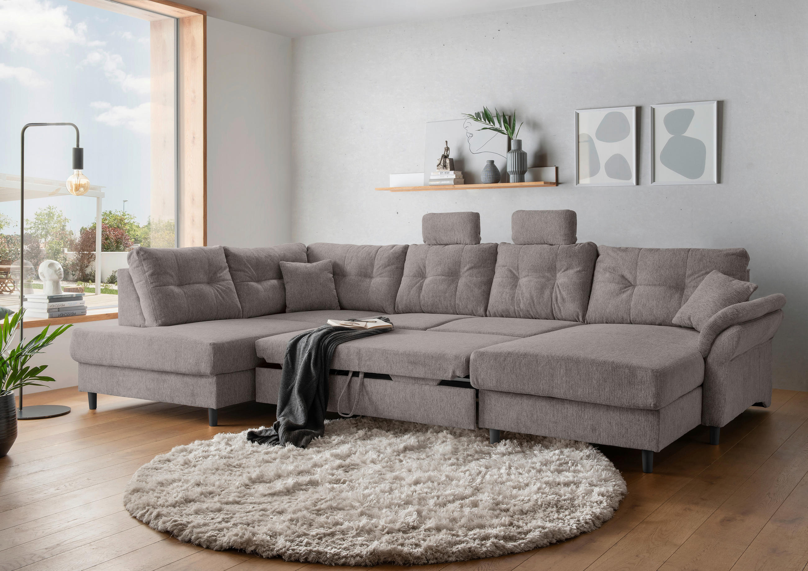 WOHNLANDSCHAFT in Chenille Graubraun  - Graubraun/Schwarz, Modern, Holz/Textil (206/338/176cm) - Livetastic