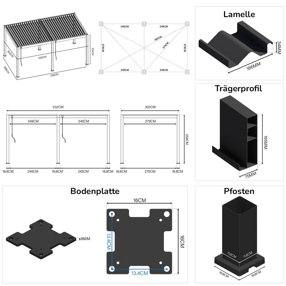 PERGOLA 300/530/255 cm Aluminium  - Graphitfarben, Basics, Metall (300/530/255cm) - Gardenson