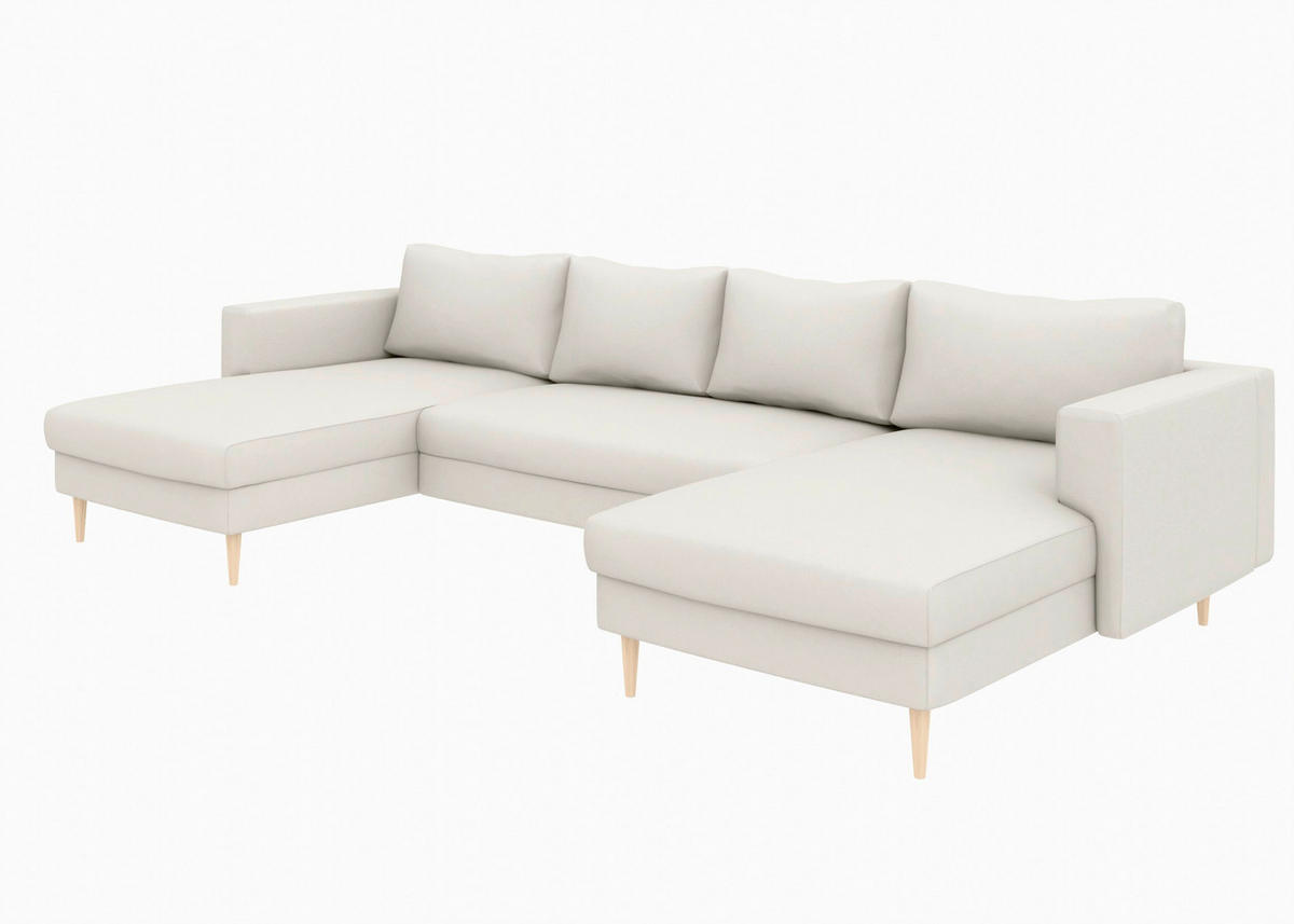 WOHNLANDSCHAFT Sandfarben Struktur  - Sandfarben/Buchefarben, MODERN, Holz/Textil (161/306/161cm) - Trendmanufaktur