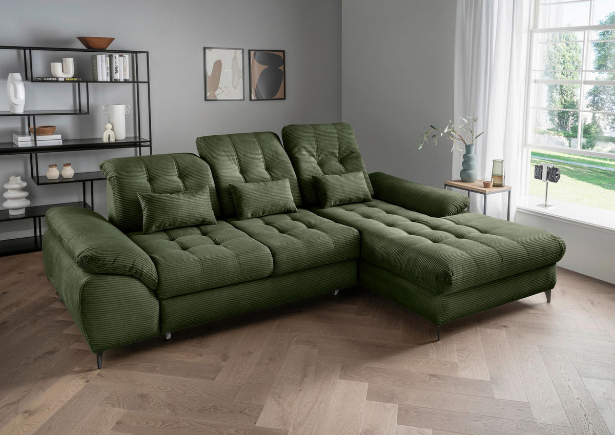 ECKSCHLAFSOFA in Cord Dunkelgrün  - Dunkelgrün/Schwarz, Modern, Textil/Metall (273/189cm) - Livetastic