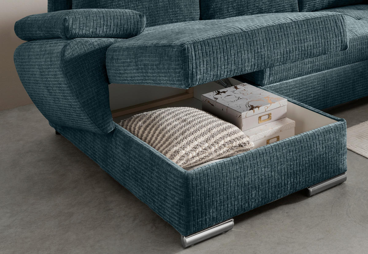 WOHNLANDSCHAFT in Mikrofaser Blau  - Chromfarben/Blau, KONVENTIONELL, Textil/Metall (157/305/219cm) - Livetastic