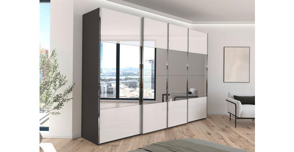 SCHWEBETÜRENSCHRANK  in Graphitfarben, Weiß  - Chromfarben/Graphitfarben, Design, Glas/Holzwerkstoff (316/235/68cm) - Novel