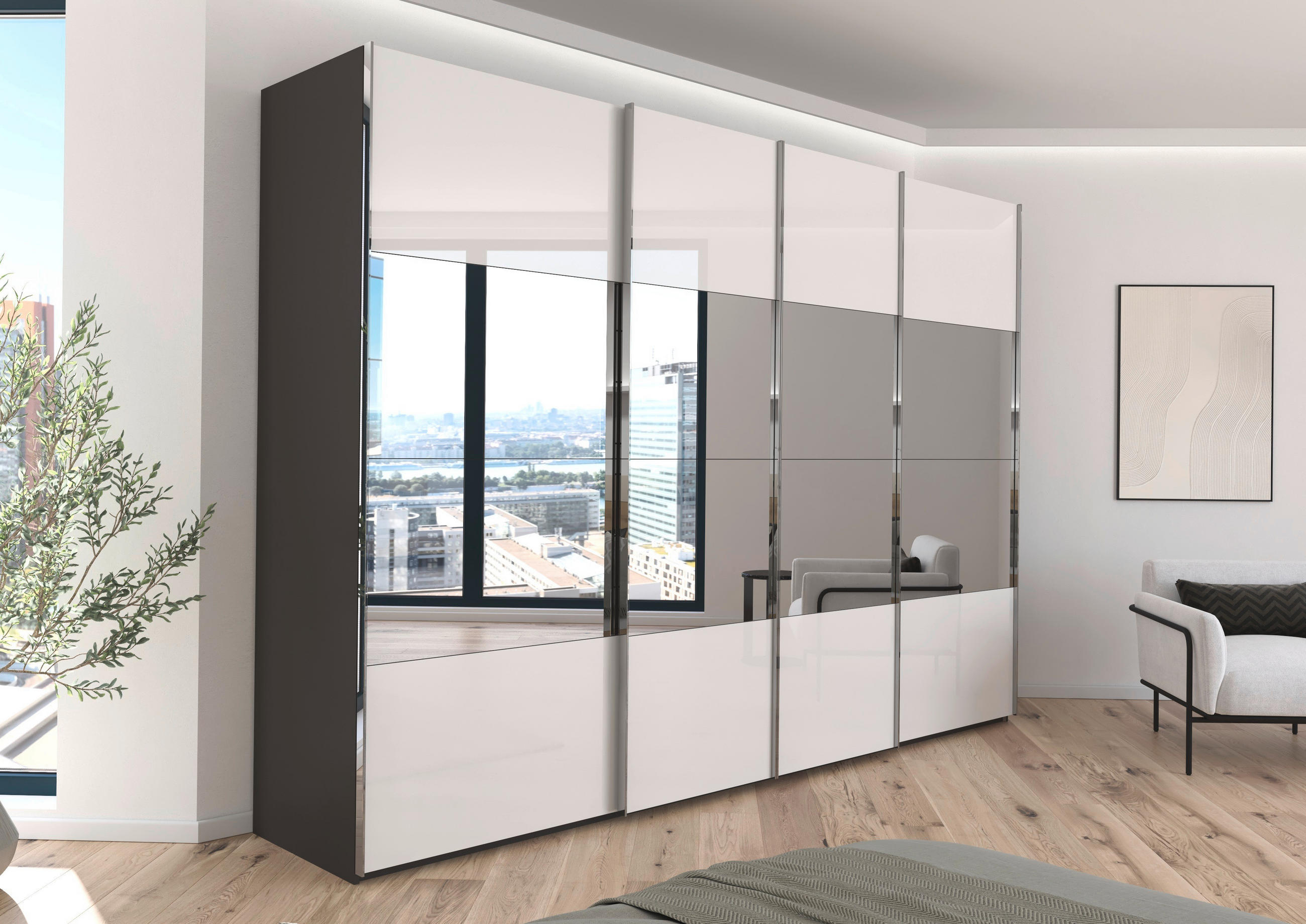 SCHWEBETÜRENSCHRANK 316/223/68 cm 4-türig Graphitfarben, Weiß  - Chromfarben/Graphitfarben, Design, Glas/Holzwerkstoff (316/223/68cm) - Novel