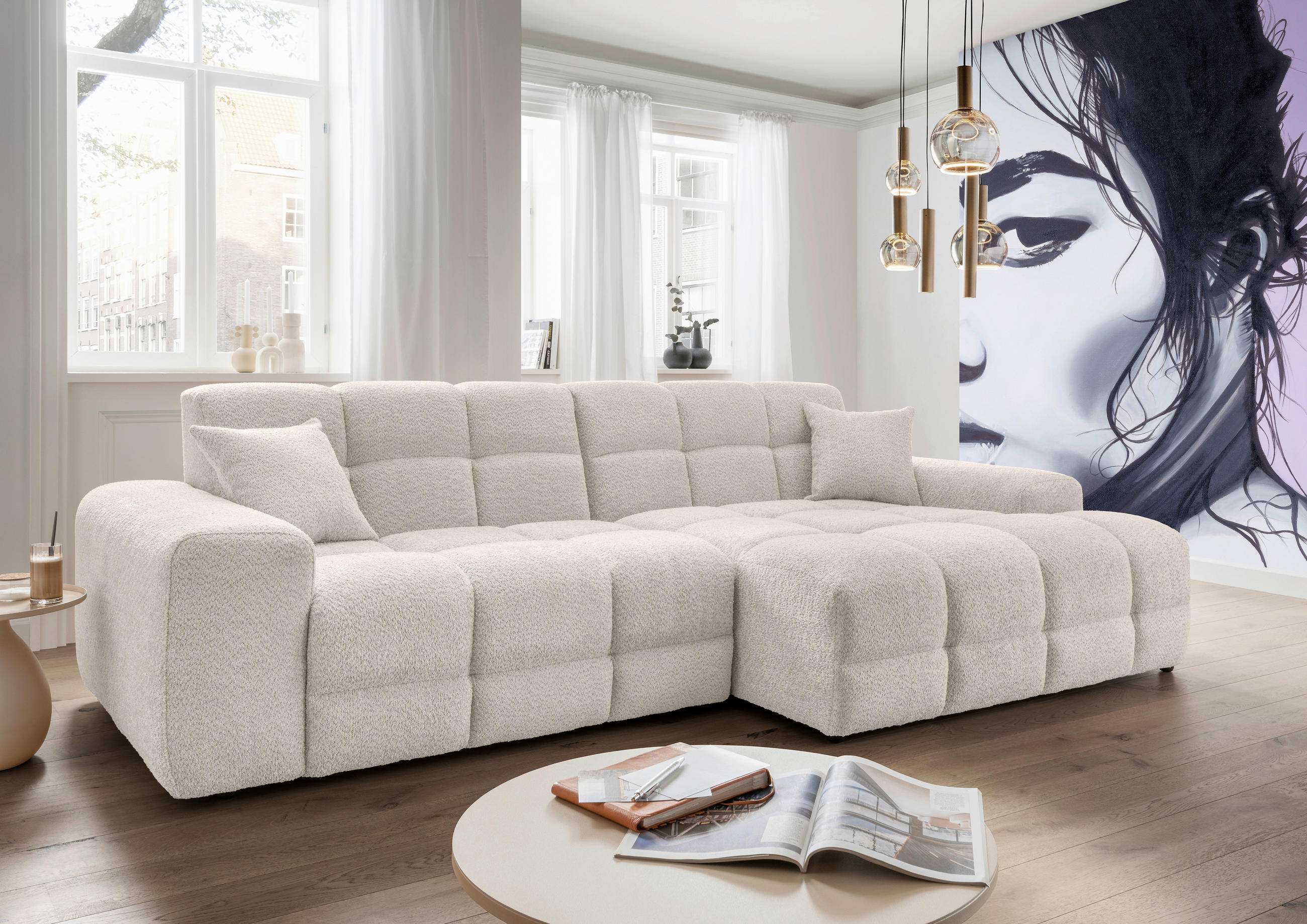 ECKSOFA in Bouclé Weiss  - Weiss/Schwarz, Modern, Kunststoff/Textil (301/152cm) - Livetastic