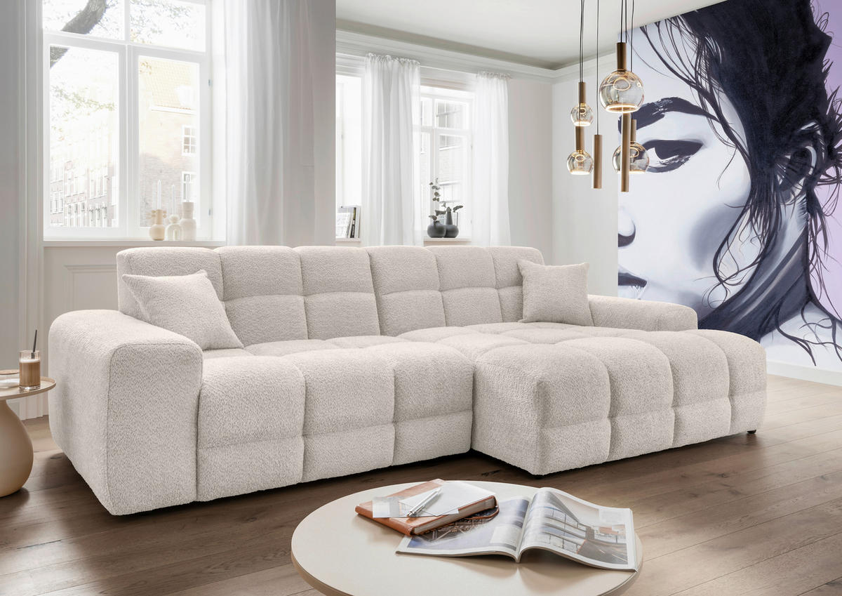 ECKSOFA in Bouclé Weiss  - Weiss/Schwarz, Modern, Kunststoff/Textil (301/152cm) - Livetastic