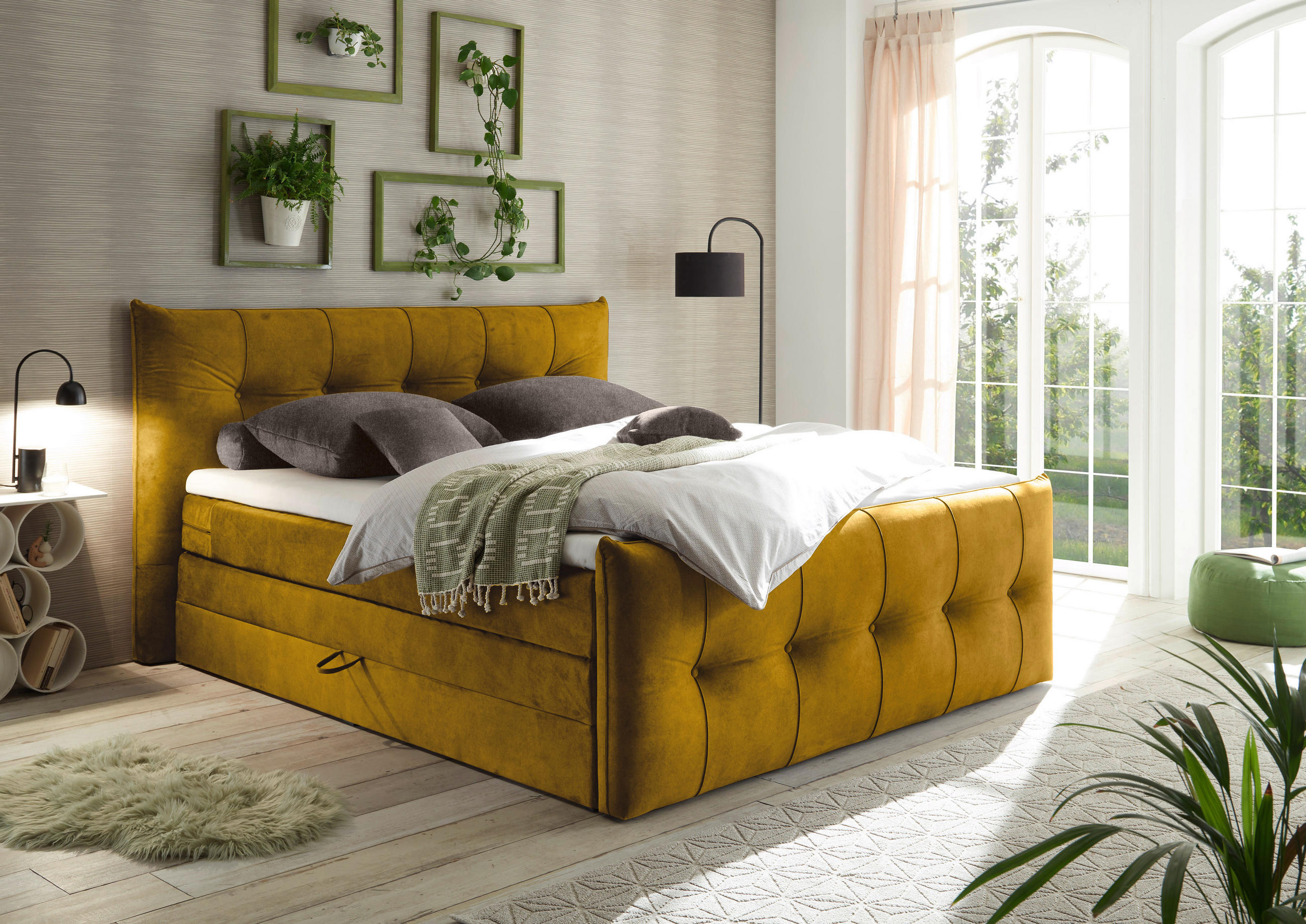 Thumbnail - Esposa Boxspringbett, Senfgelb, Textil, H3 + H4, 7-Zonen, Höhe ca. 18 cm, 180x200 cm, Stoffauswahl, Topper durchgehend, ...