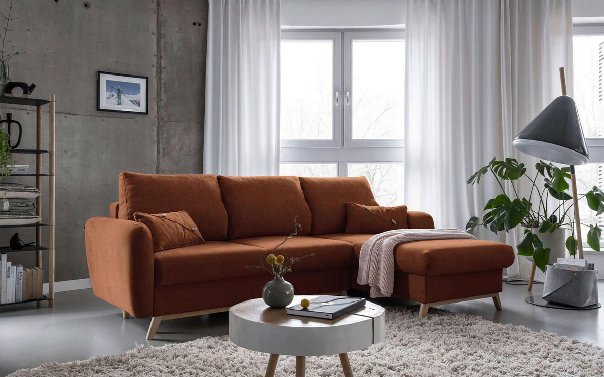 Colțar, textil, teracotă, 235/157 cm - teracotă/culoare natur, lemn/textil (235/157cm) - MID.YOU