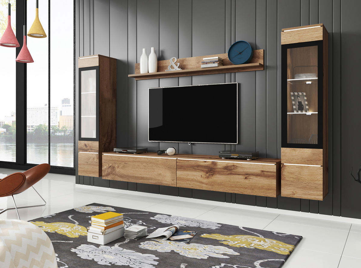 WOHNWAND Vera 4-teilig  in Eiche Wotan  240/130/33 cm  - Eiche Wotan/Grau, LIFESTYLE, Glas/Holzwerkstoff (240/130/33cm) - P & B