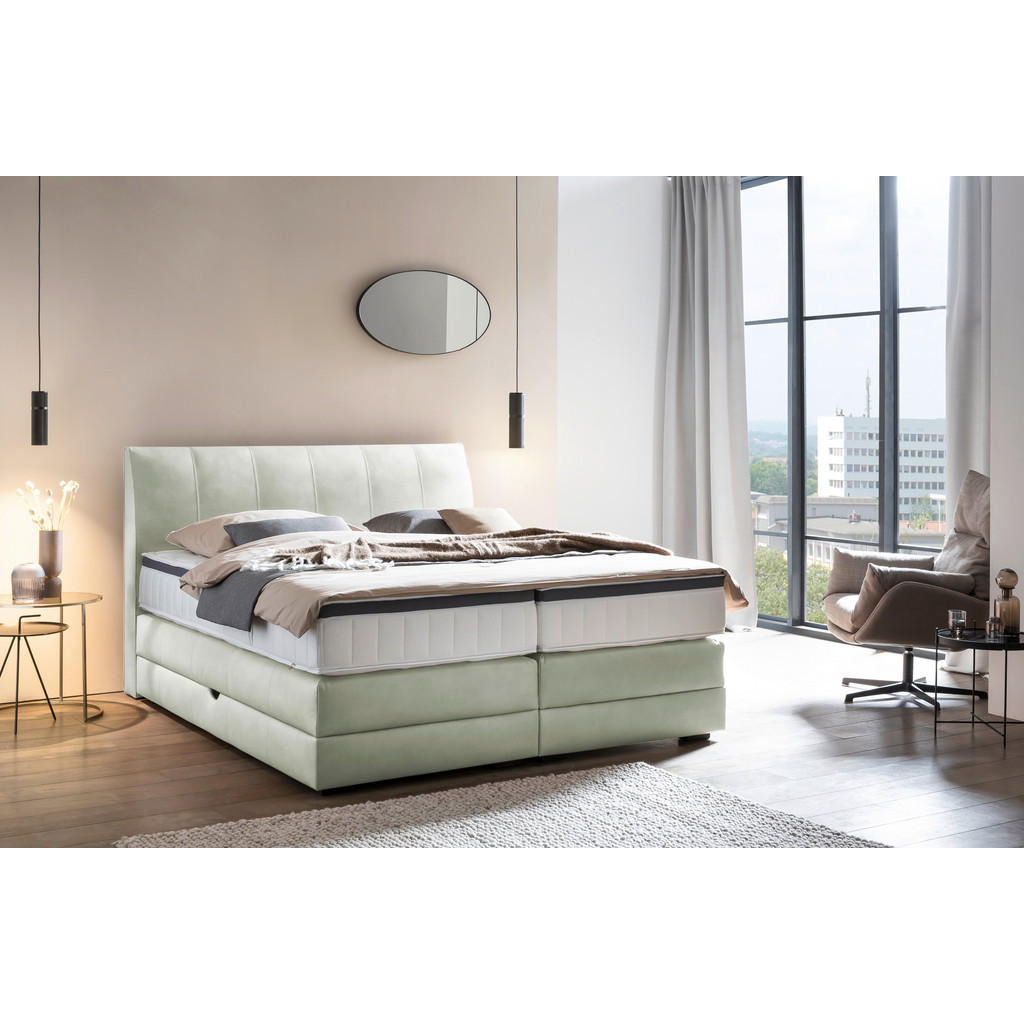 Thumbnail - Novel Boxspringbett, Pastellgrün, Textil, Wenge, H2 + H3, 7-Zonen, Höhe ca. 27 cm, 200x200 cm, Bettkasten, Federkernmatr...