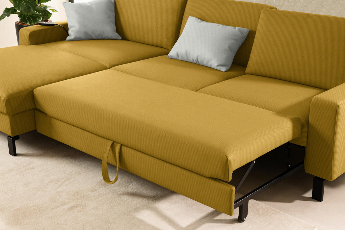 ECKSOFA  in Cord Goldfarben Rücken echt, Sitztiefenverstellung  185/298 cm  - Goldfarben/Schwarz, Design, Textil/Metall (185/298cm) - Pure Home Lifestyle