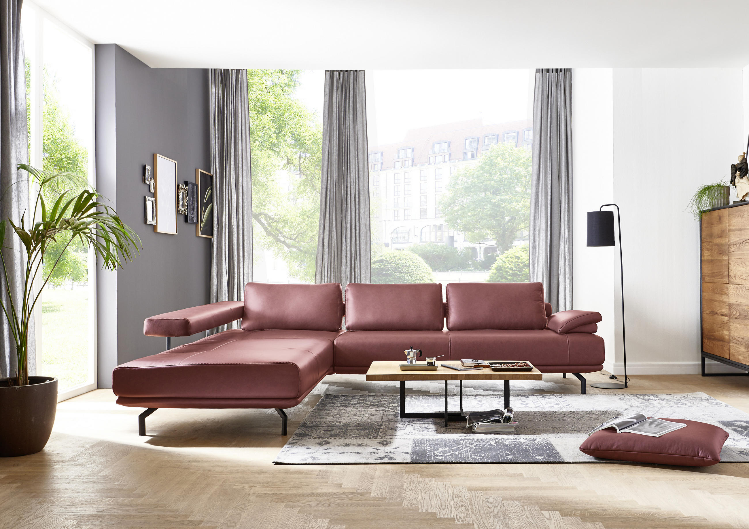 ECKSOFA in Echtleder Weinrot  - Anthrazit/Weinrot, Design, Leder/Metall (255/325cm) - Dieter Knoll
