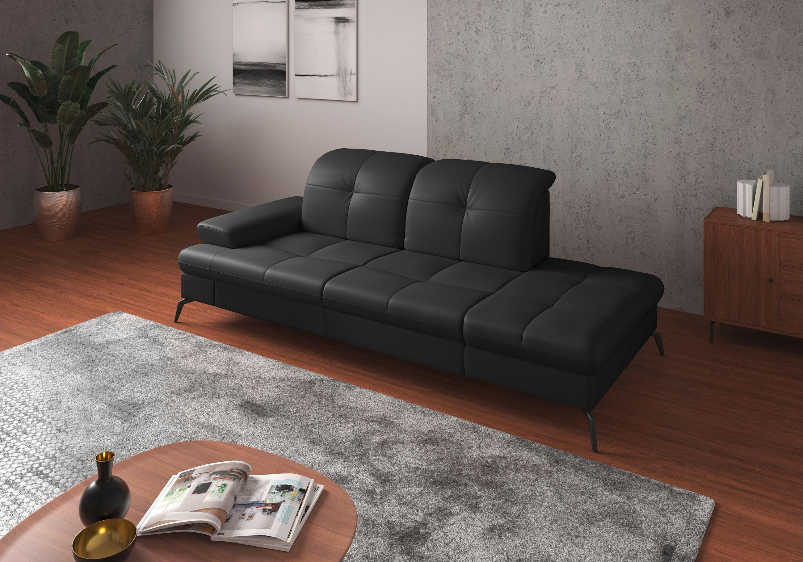 RÉCAMIERE in Echtleder Schwarz - Schwarz, Konventionell, Leder/Metall (231/90/122cm) - Sit & More