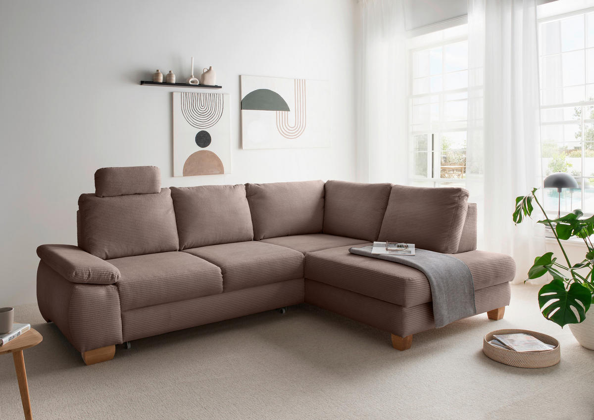 ECKSCHLAFSOFA  mit Liegefunktion, Rücken echt, Armteil links Cord Graubraun  - Wildeiche/Graubraun, MODERN, Holz/Textil (261/206cm) - Livetastic