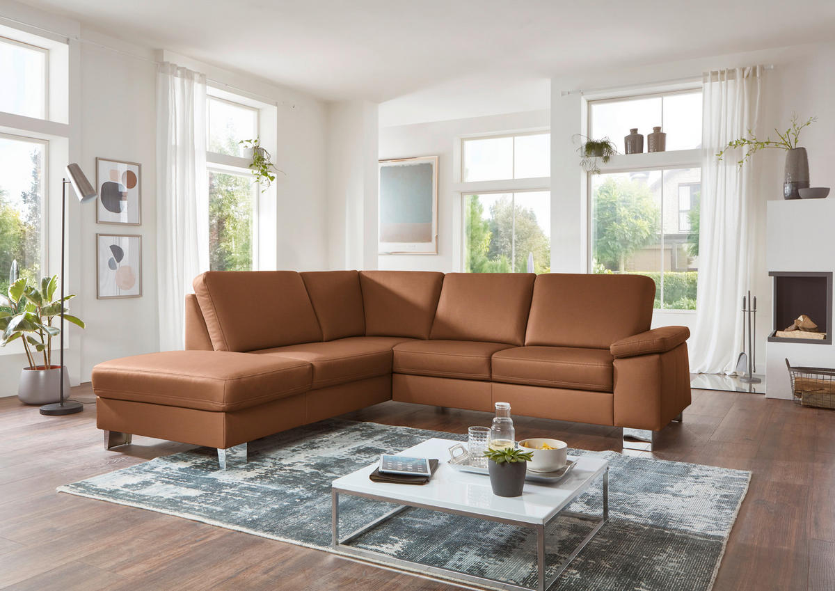 ECKSOFA  in Echtleder Cognac  235/248 cm  - Cognac/Alufarben, Design, Leder/Metall (235/248cm) - Beldomo Premium