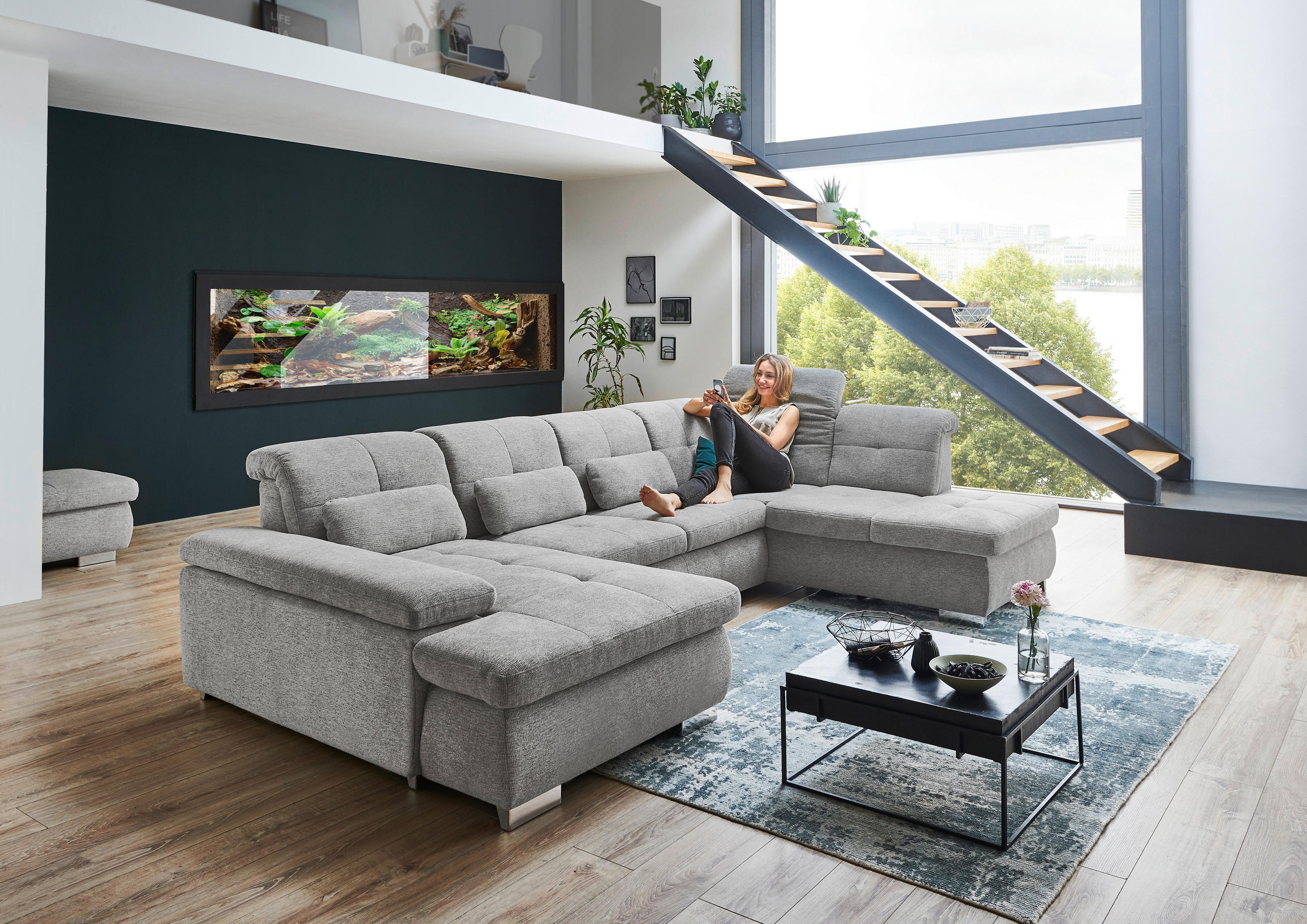 WOHNLANDSCHAFT inkl.Funktionen Alufarben Webstoff - Schwarz/Alufarben, Design, Textil/Metall (210/337/174cm) - Beldomo Style