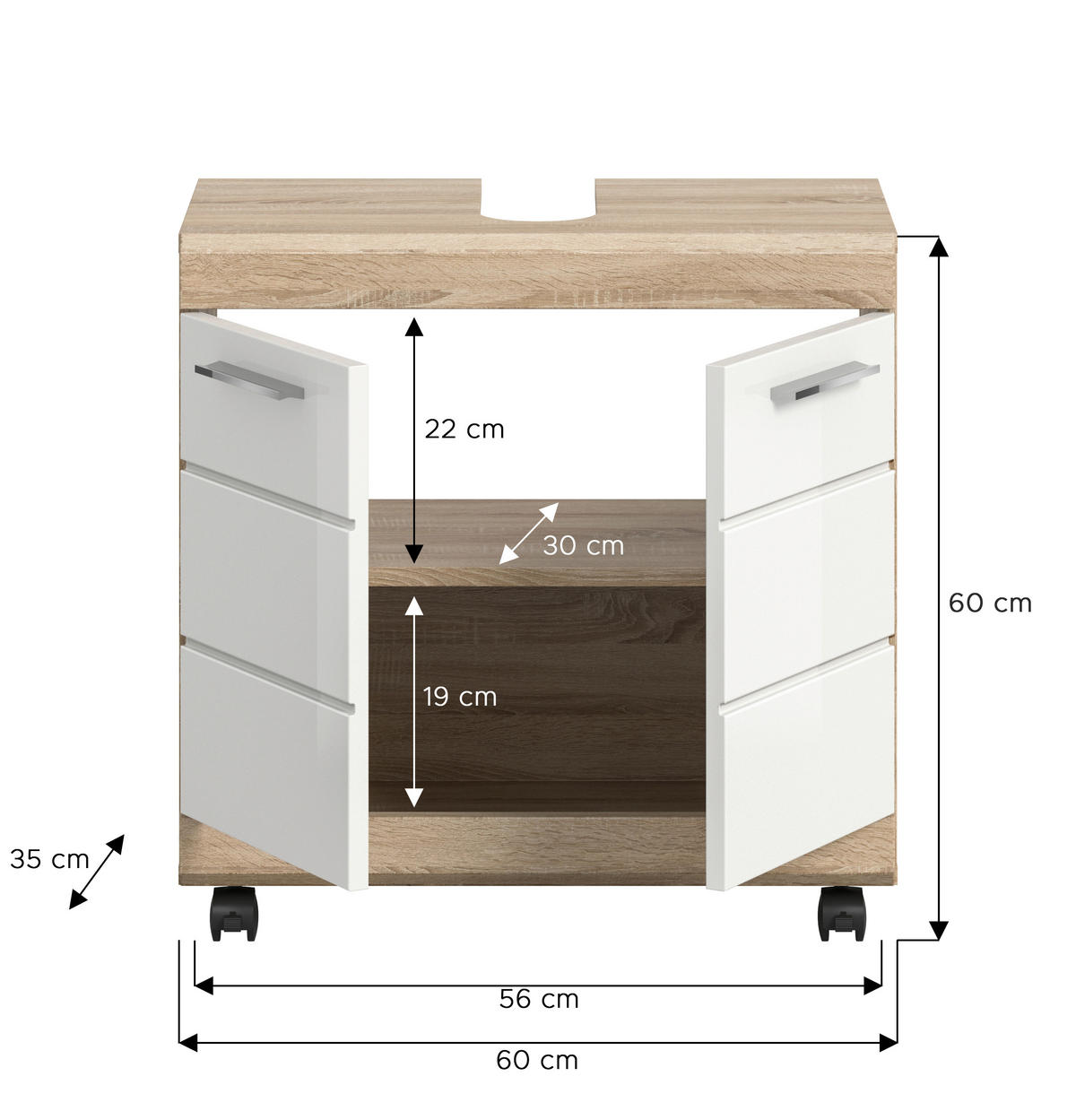 TVÄTTSTÄLLSUNDERSKÅP 60/60/34 cm  - Sonoma ek/vit högglans, Trend, trämaterial/plast (60/60/34cm) - MID.YOU