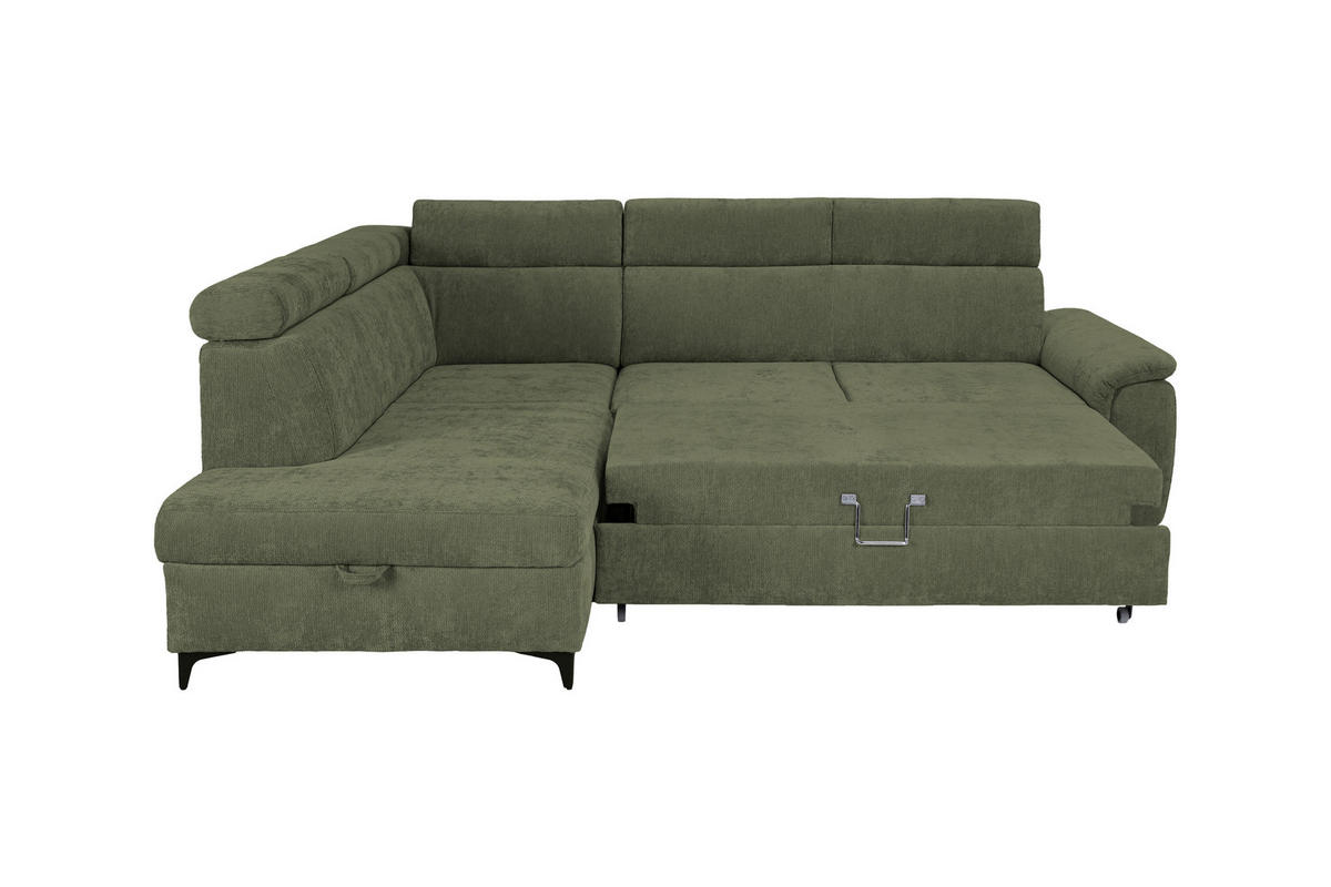 ECKSOFA Dunkelgrün Chenille Bettkasten, Schlaffunktion, Rücken echt, Kopfteilverstellung, Liegefläche im Originalstoff  - Dunkelgrün/Schwarz, KONVENTIONELL, Textil/Metall (206/265cm) - Carryhome