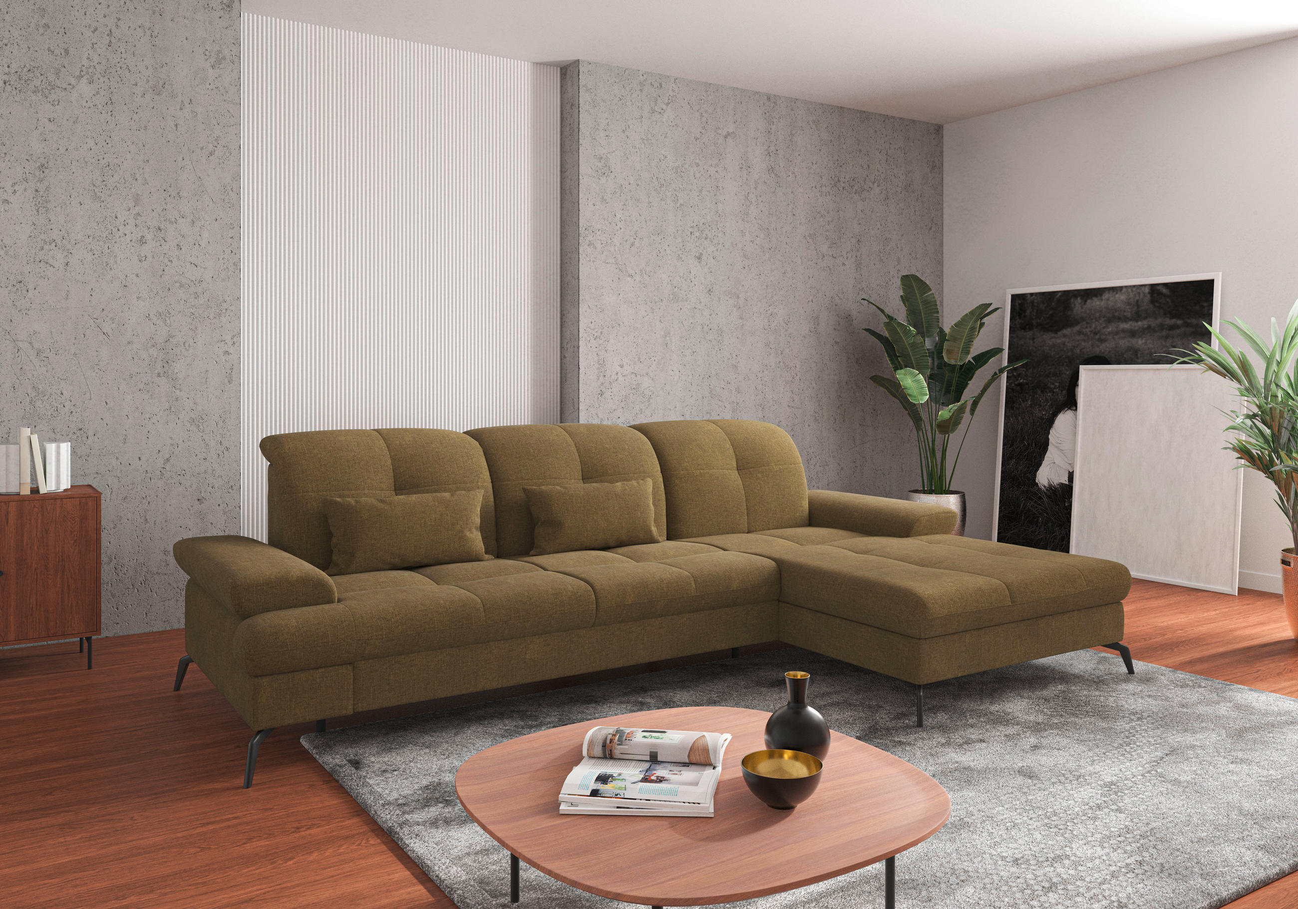 ECKSOFA Olivgrün Flachgewebe  - Schwarz/Olivgrün, KONVENTIONELL, Textil/Metall (279/185cm) - Sit & More