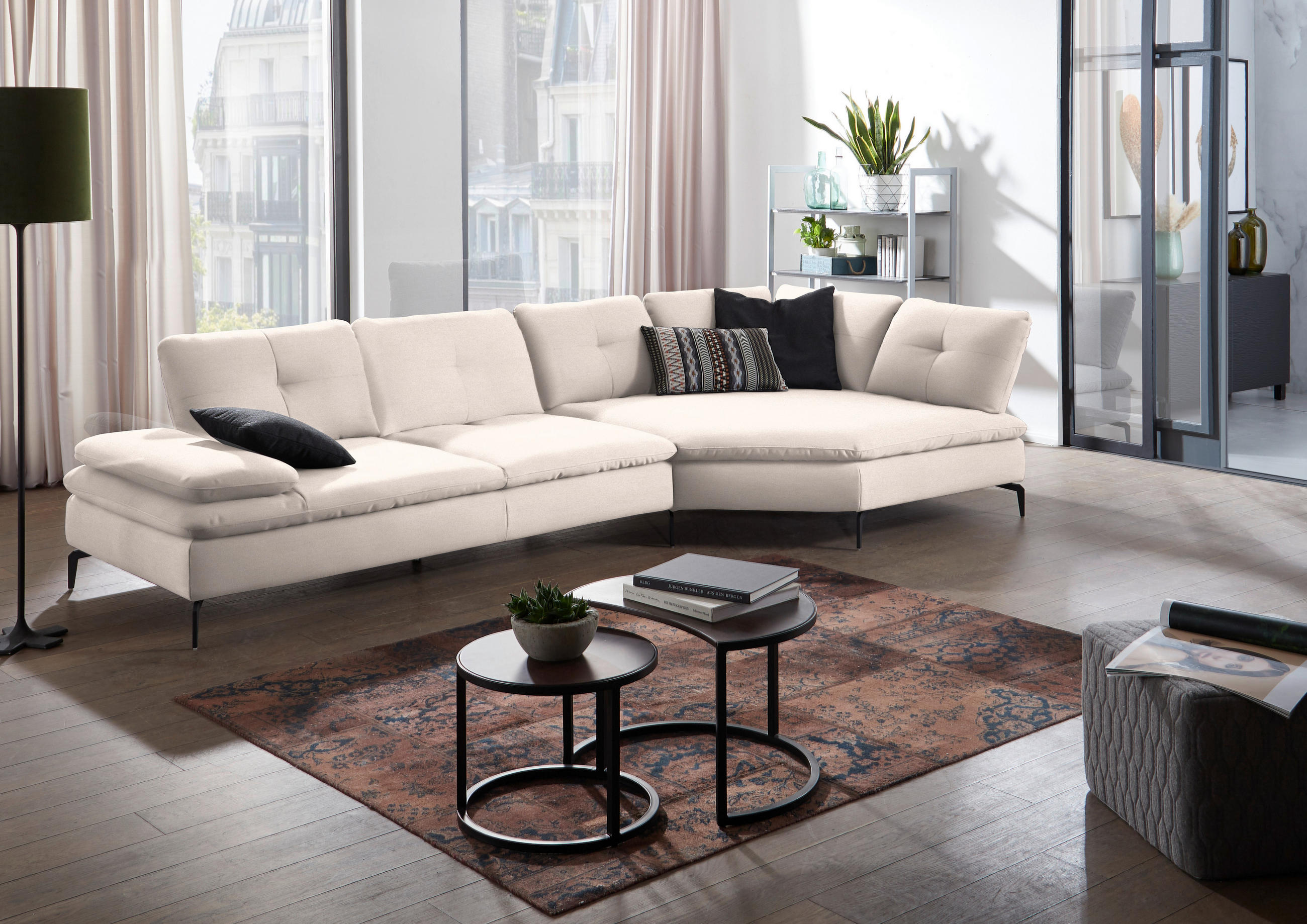 ECKSOFA in Flachgewebe Creme  - Creme/Schwarz, Design, Textil/Metall (344/157cm) - Chilliano