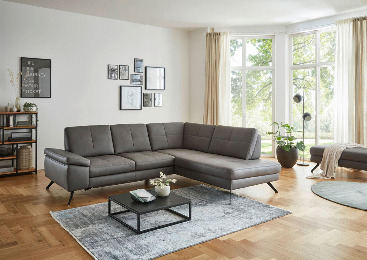 ECKSOFA in Lederlook, Mikrofaser Dunkelgrau  - Dunkelgrau/Schwarz, Design, Textil/Metall (261/220cm) - Beldomo System
