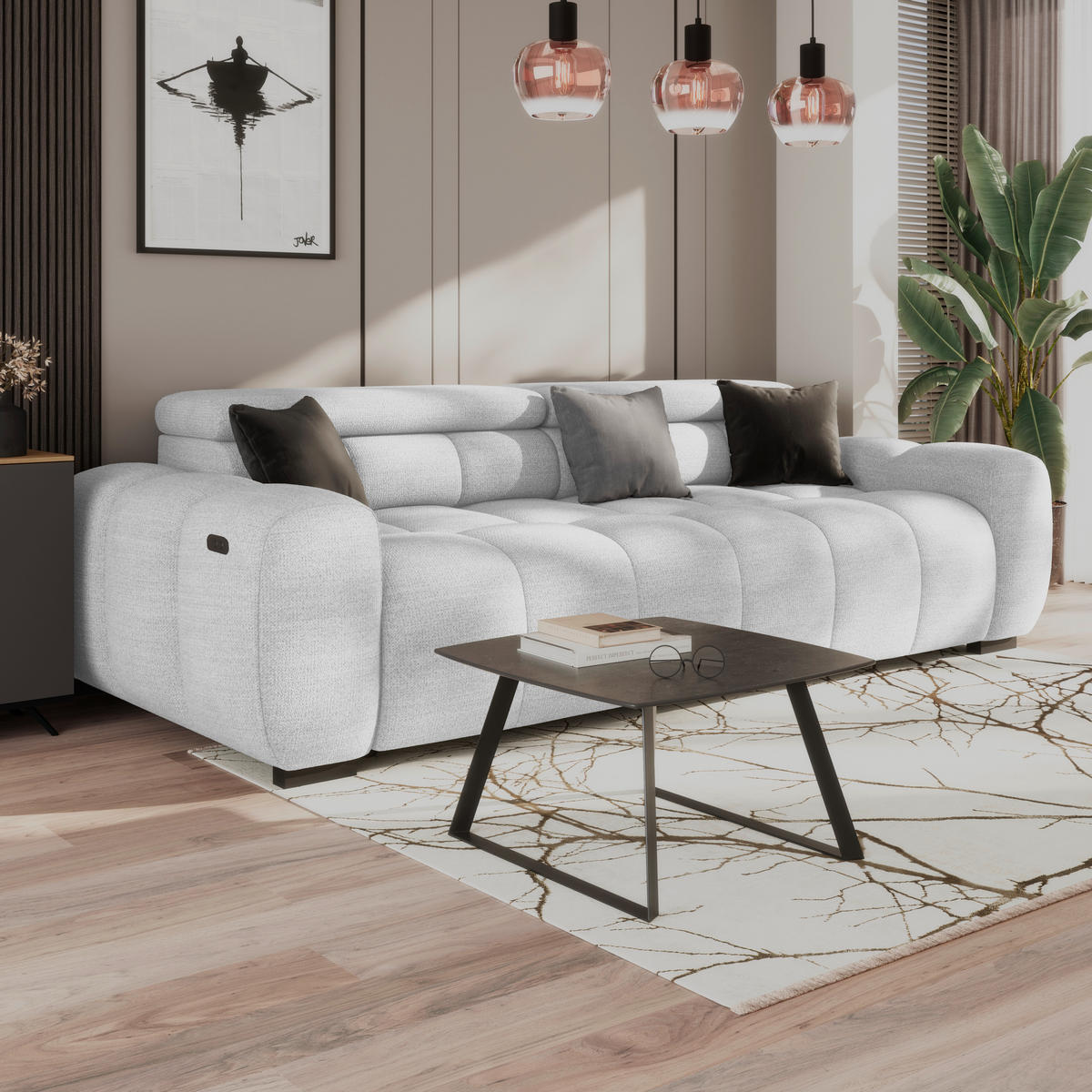 BIGSOFA inkl. mot. Funktion Webstoff Grauweiß  - Grauweiß/Schwarz, Design, Kunststoff/Textil (248/77-97/108cm) - Welnova