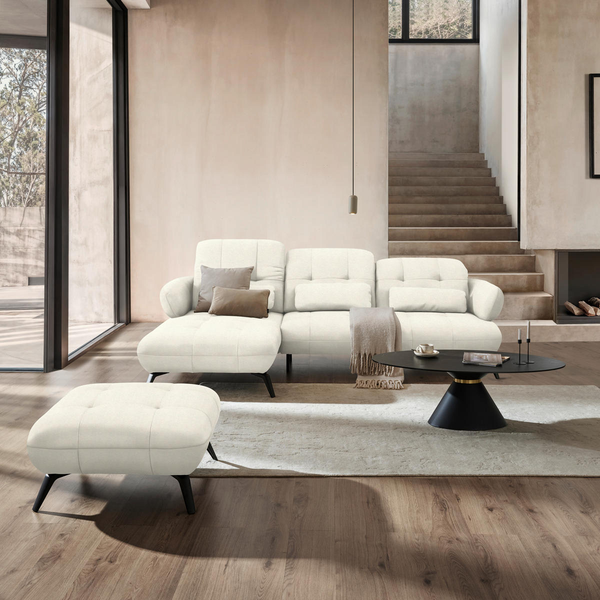 ECKSOFA Flachgewebe Naturfarben  - Schwarz/Naturfarben, Modern, Textil/Metall (180/282cm) - Novel