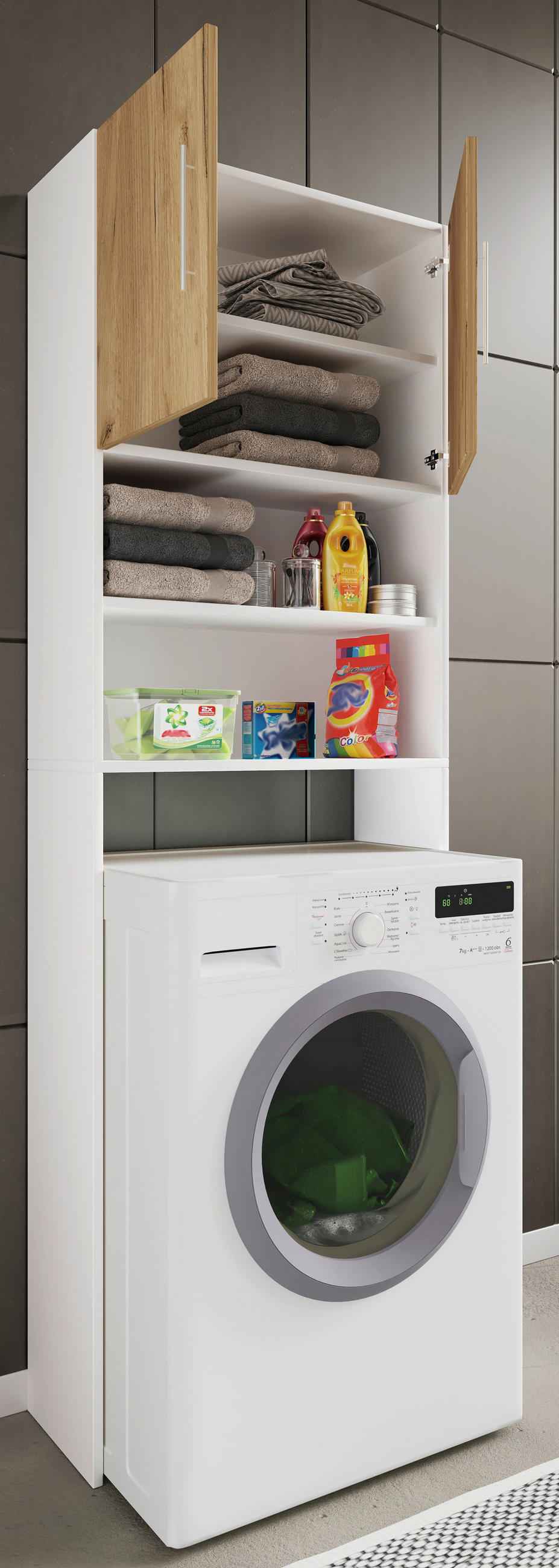 SKÅP FÖR TVÄTTMASKIN 64/190/25 cm  i vit, honungsek  - honungsek/vit, Modern, trämaterial/plast (64/190/25cm) - MID.YOU