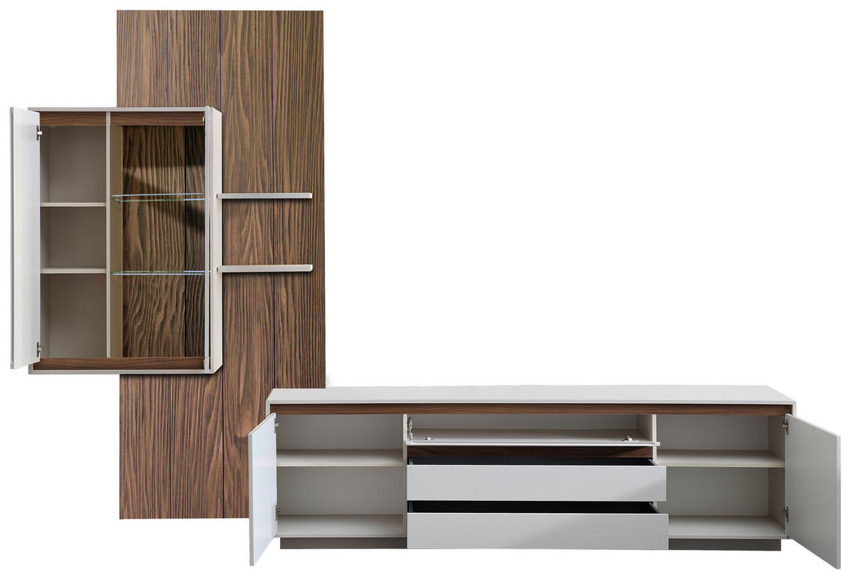 WOHNWAND  in Nussbaumfarben, Kaschmir  320/232/45 cm  - Kaschmir/Nussbaumfarben, Design, Glas/Holzwerkstoff (320/232/45cm) - Stylife