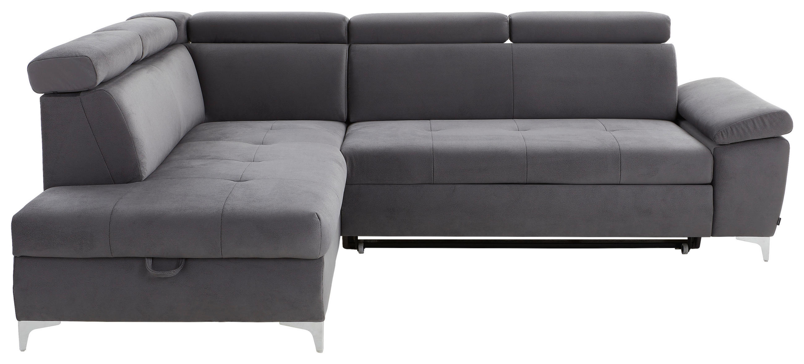 ECKSOFA Dunkelgrau Mikrofaser Bettkasten, Schlaffunktion, Rücken echt, Armteilverstellung, Kopfteilverstellung, Stauraum, Liegefläche im Originalstoff  - Chromfarben/Dunkelgrau, KONVENTIONELL, Textil/Metall (206/271cm) - Carryhome