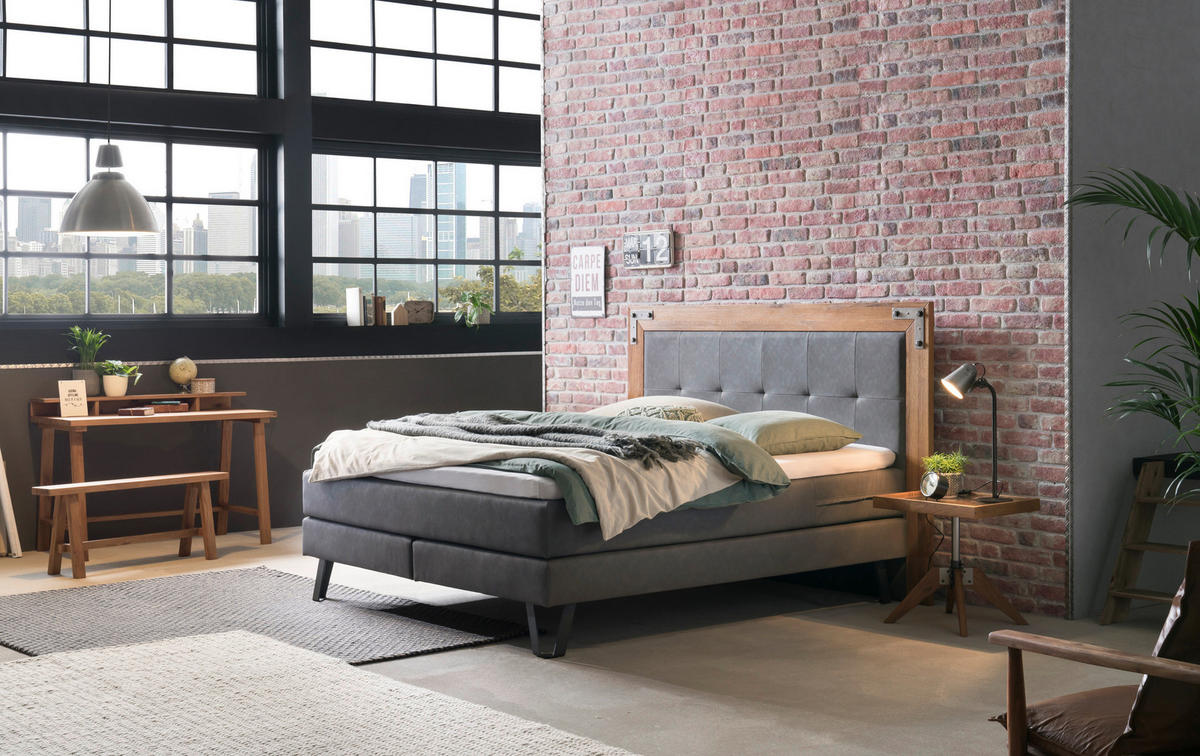 BOXSPRINGBETT 180/200 cm  in Anthrazit, Eichefarben  - Eichefarben/Anthrazit, KONVENTIONELL, Holz/Textil (180/200cm) - Hasena