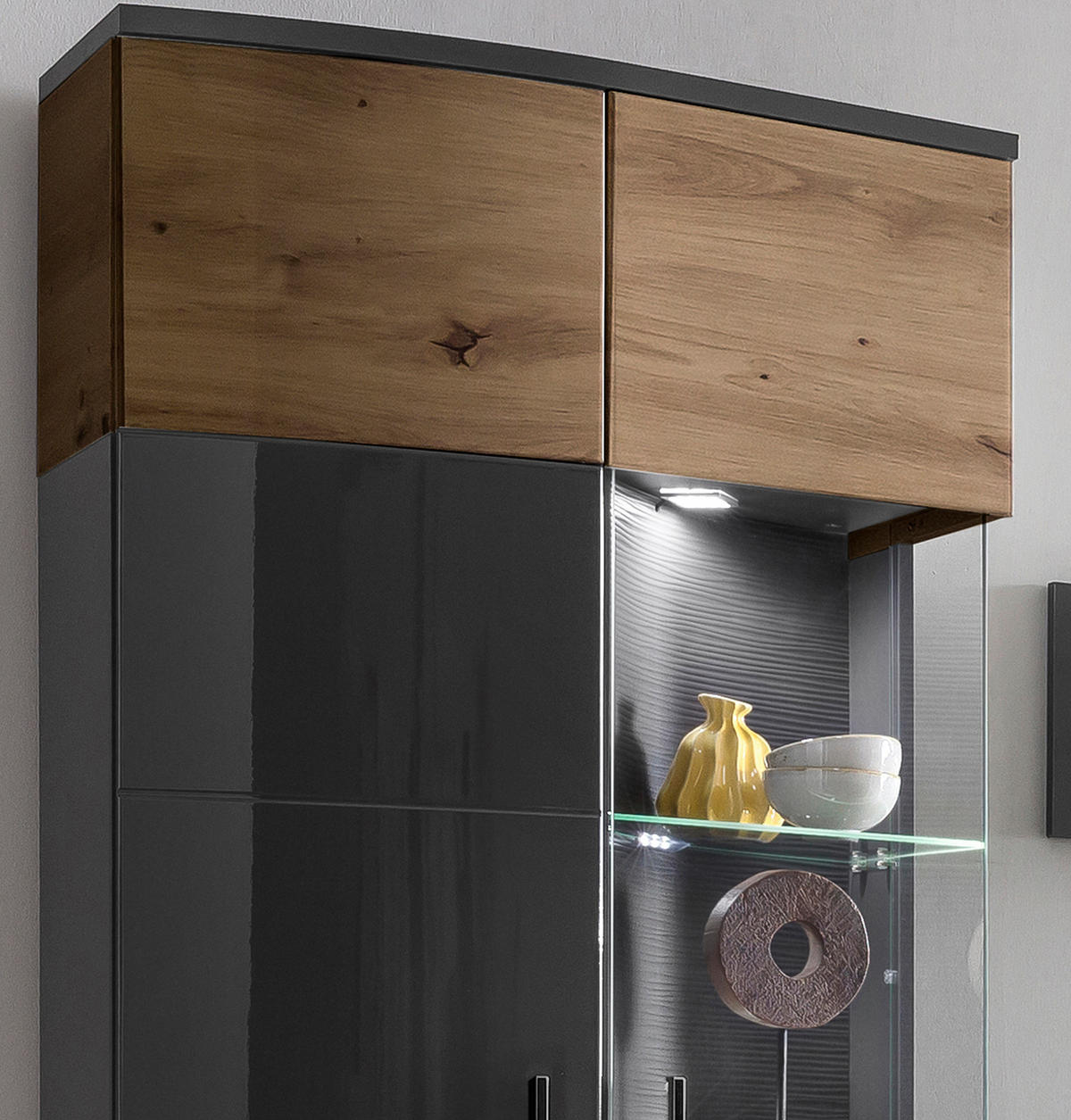 WOHNWAND  in Braun, Grau, Eiche Artisan  235/200/46,4 cm  - Schwarz/Braun, LIFESTYLE, Glas/Holzwerkstoff (235/200/46,4cm) - Livetastic
