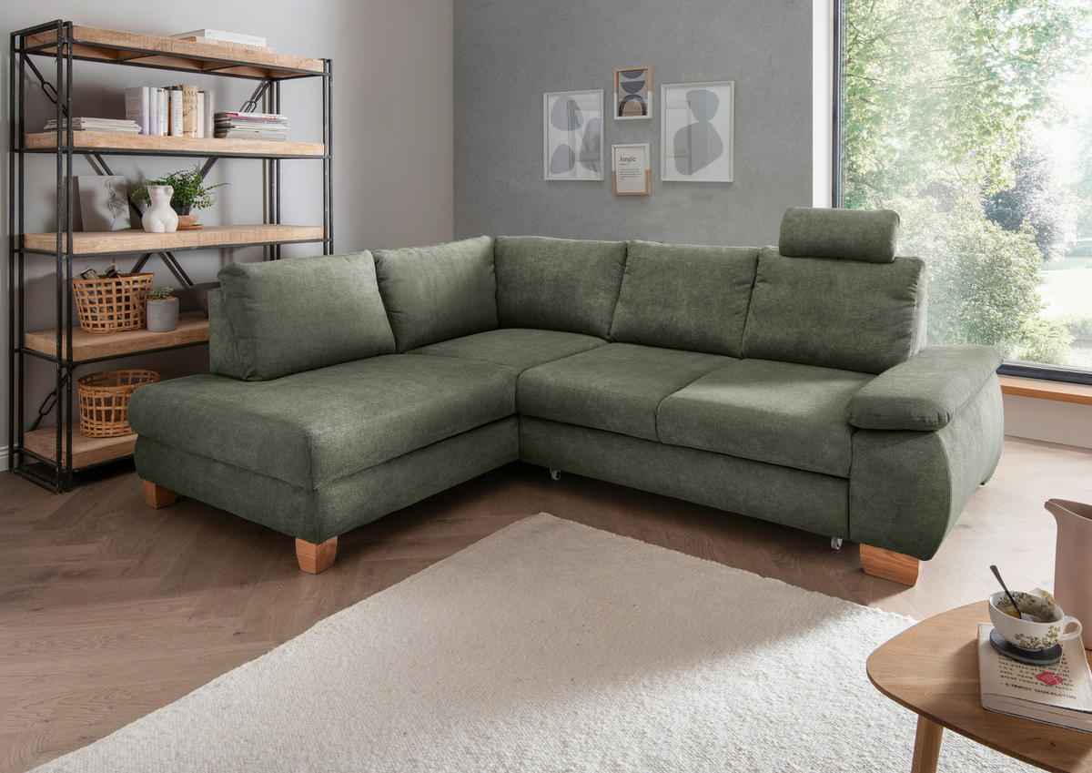 ECKSCHLAFSOFA in Chenille Dunkelgrün  - Wildeiche/Dunkelgrün, Modern, Holz/Textil (206/261cm) - Livetastic