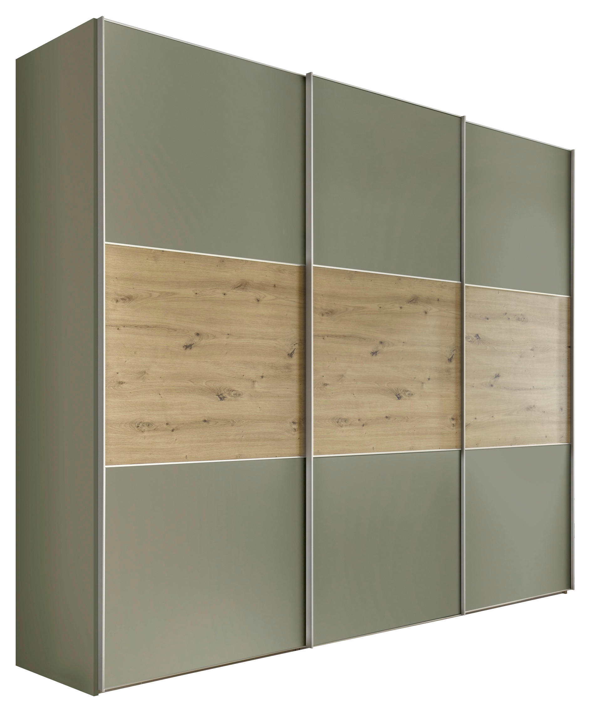 Moderano Schwebetürenschrank Salbeigrün, Eiche Artisan 249x222x68 cm