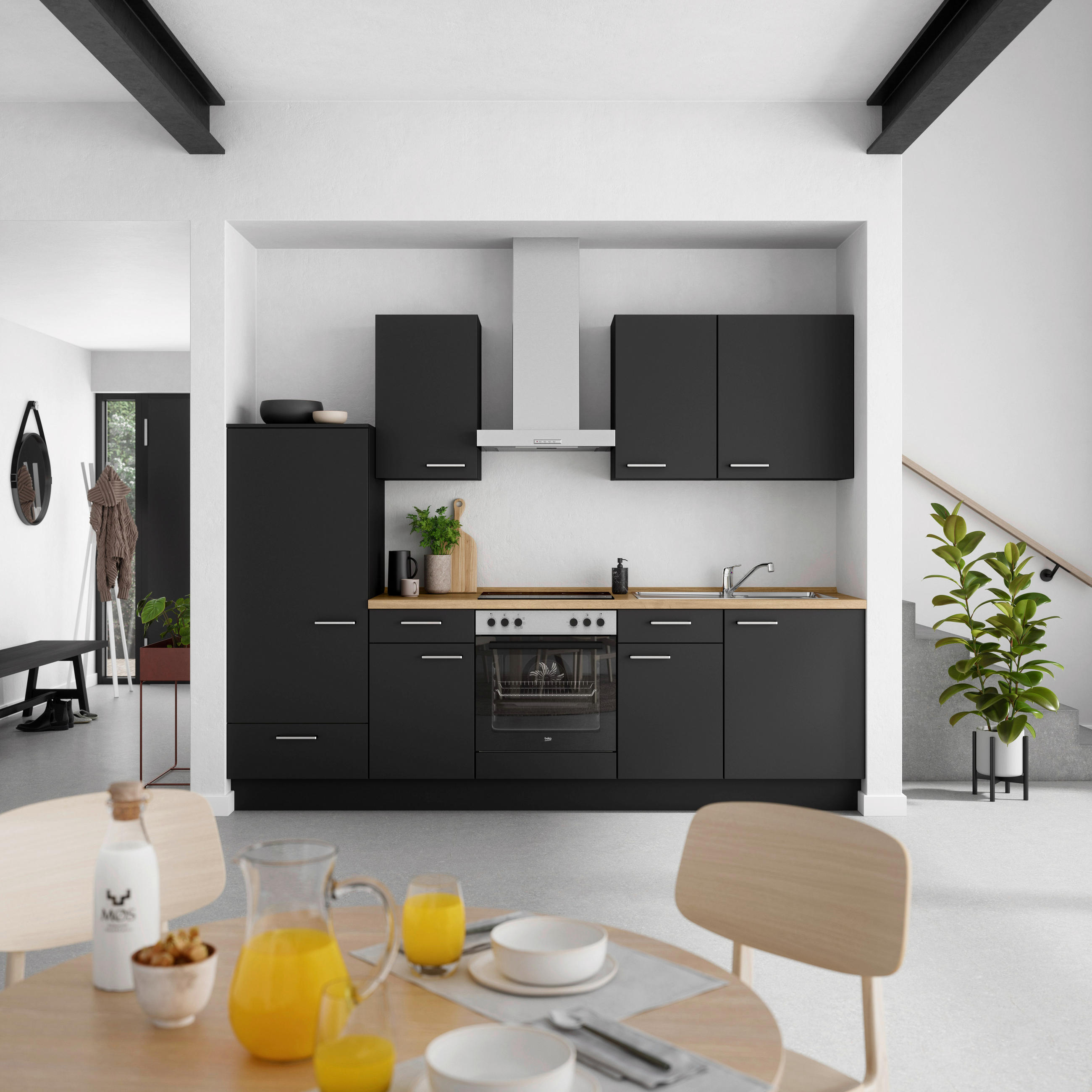 KÜCHENBLOCK Touch 270 cm  in Schwarz, Eichefarben  - Edelstahlfarben/Eichefarben, MODERN, Holzwerkstoff/Metall (270cm) - Nobilia