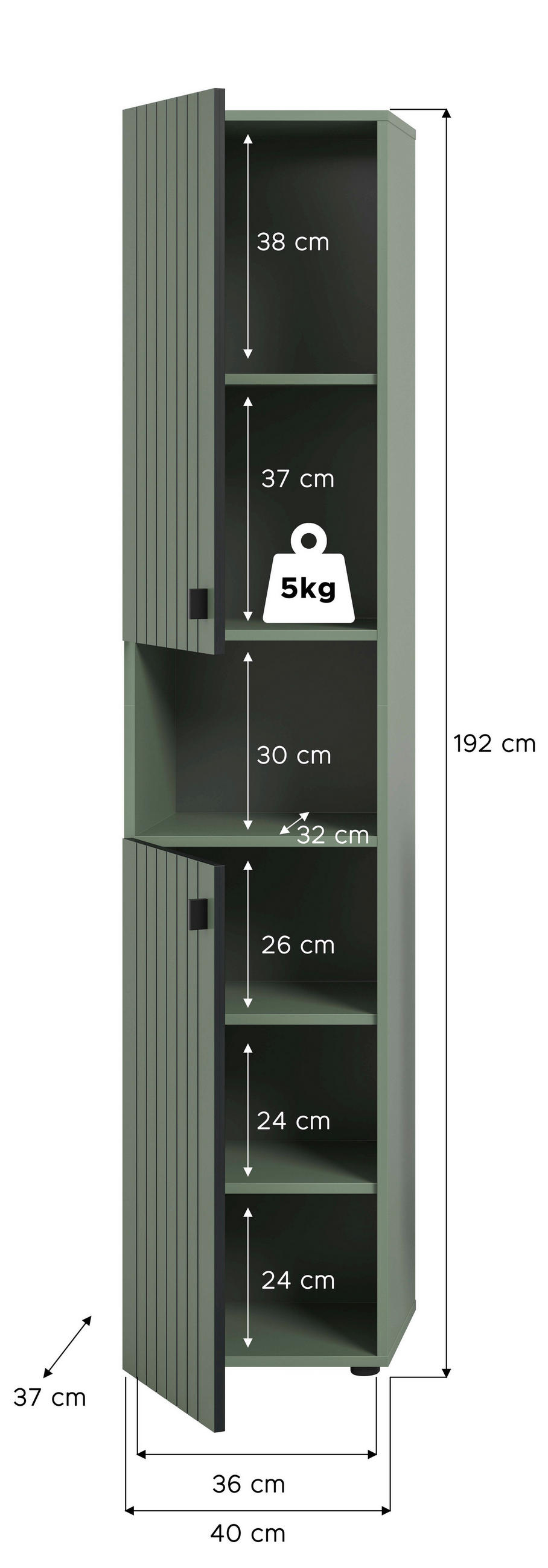 GARDEROBENSCHRANK  in 40/192/37 cm  - Schwarz/Graugrün, Design, Holzwerkstoff/Kunststoff (40/192/37cm) - MID.YOU