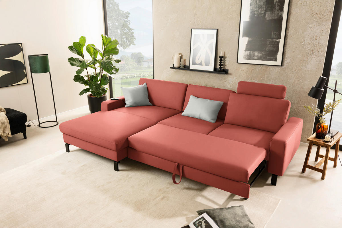 ECKSOFA  in Cord Koralle Rücken echt, Sitztiefenverstellung  185/298 cm  - Koralle/Schwarz, Design, Textil/Metall (185/298cm) - Pure Home Lifestyle