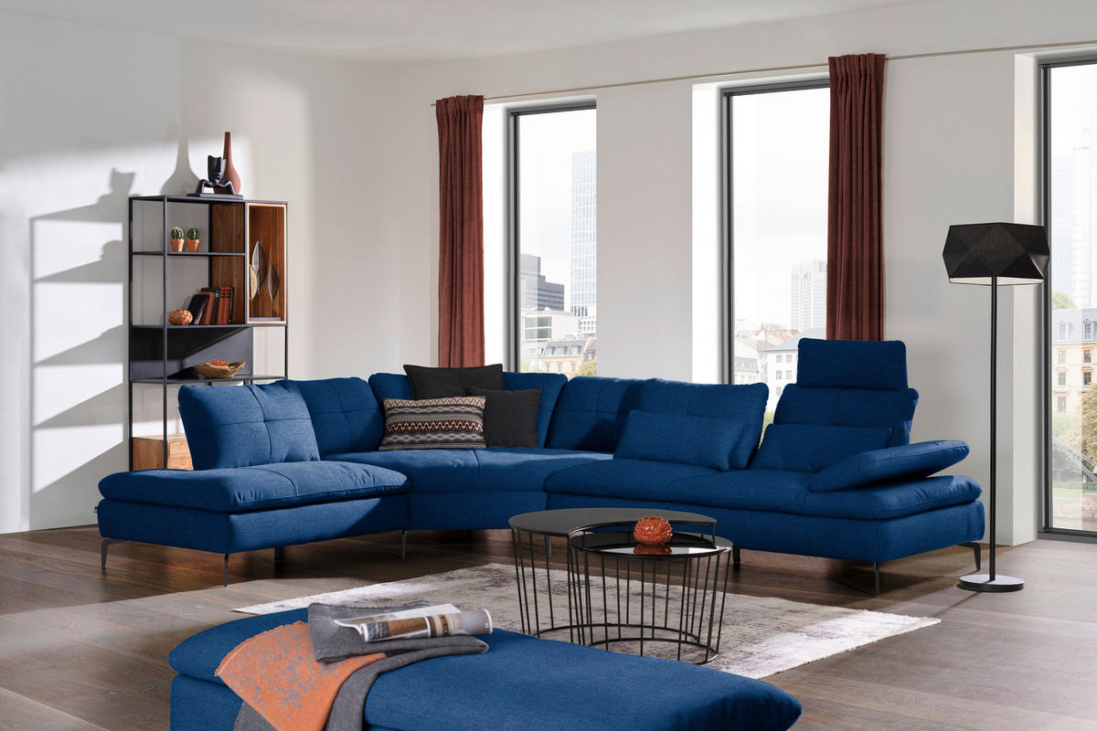ECKSOFA in Flachgewebe Blau  - Blau/Schwarz, Design, Textil/Metall (271/344cm) - Chilliano