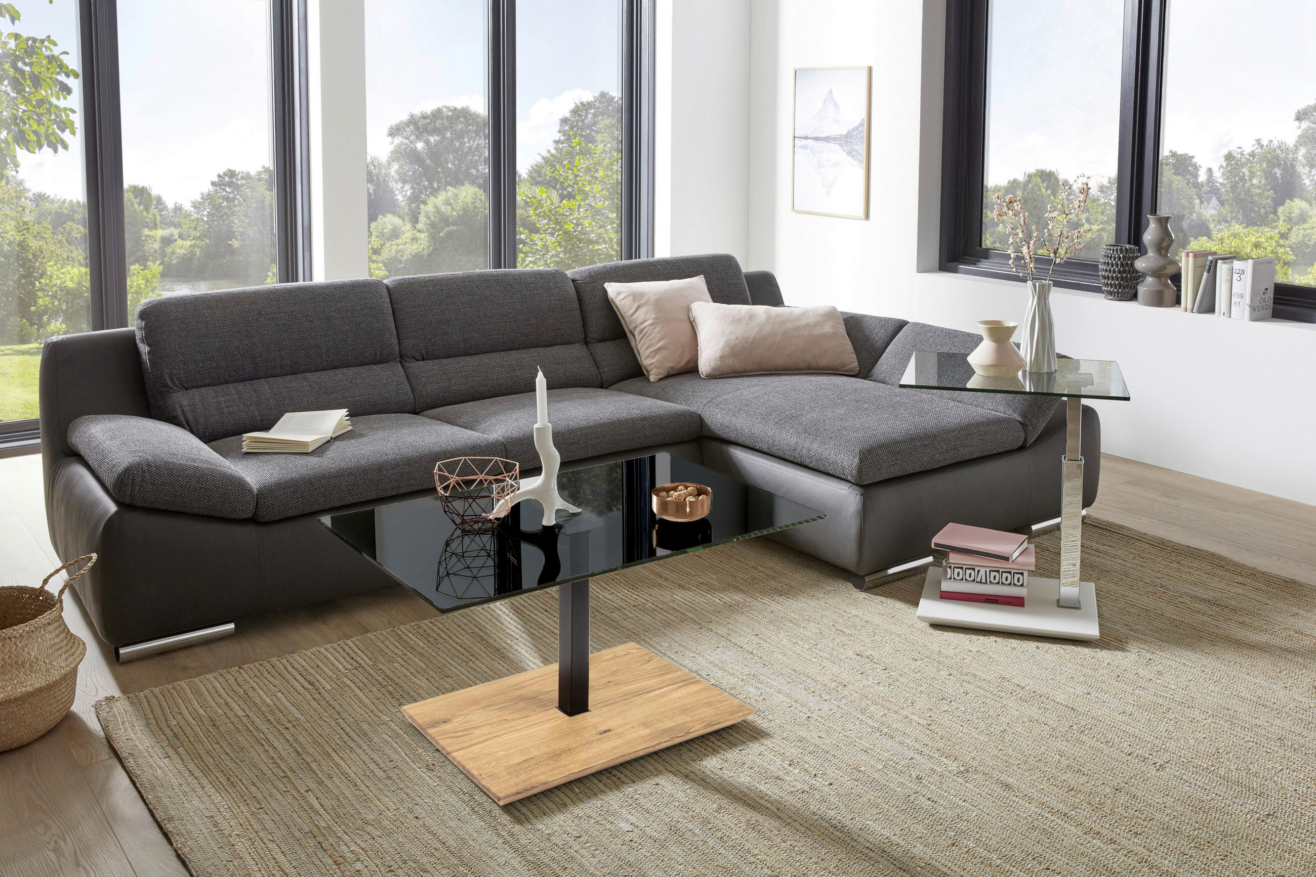 COUCHTISCH Wildeiche massiv Parsolglas 90/60/47 cm rechteckig Schwarz, Eichefarben  - Eichefarben/Schwarz, Natur, Glas/Holz (90/60/47cm) - Novel