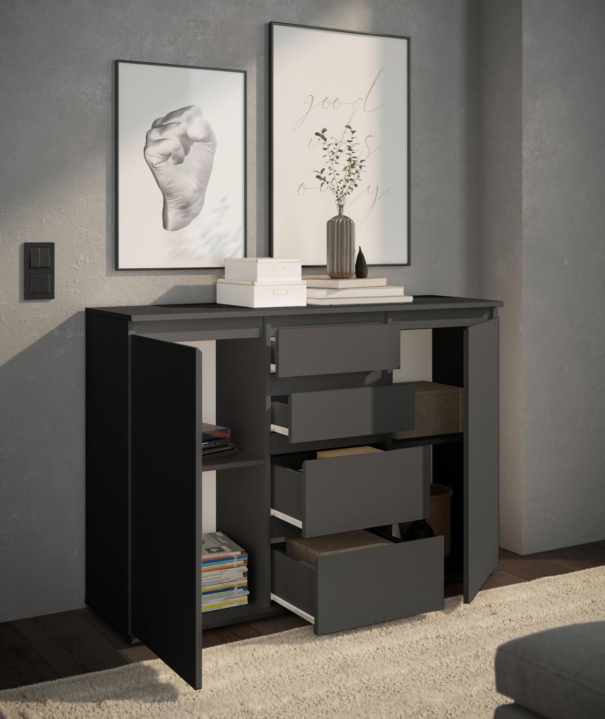 KOMODA, antracit  - siva/antracit, Design, umetna masa/leseni material (119/84/35cm) - Carryhome