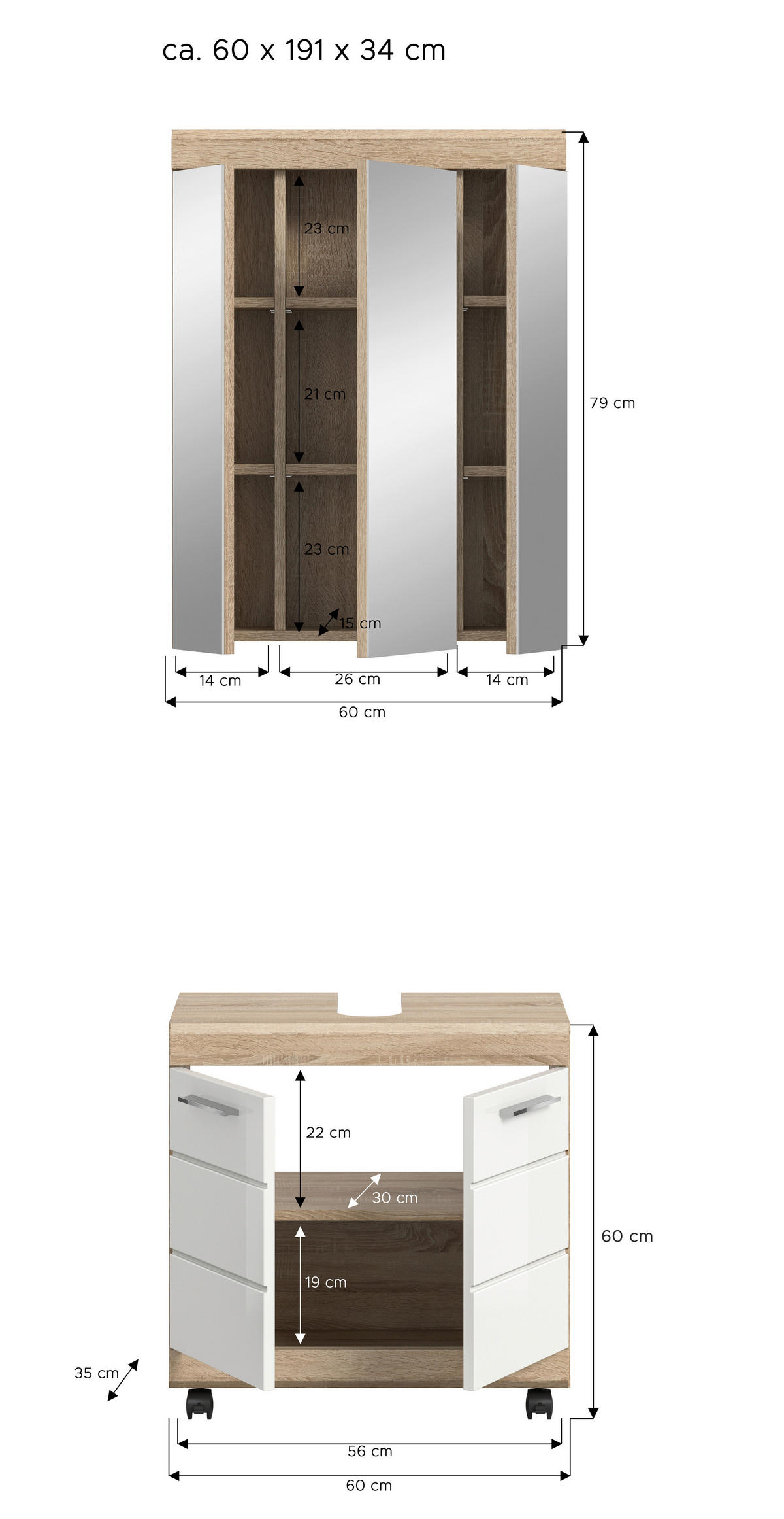 BADEZIMMER 2-teilig  in 60 cm  - Weiß Hochglanz/Silberfarben, Trend, Glas/Holzwerkstoff (60cm) - MID.YOU