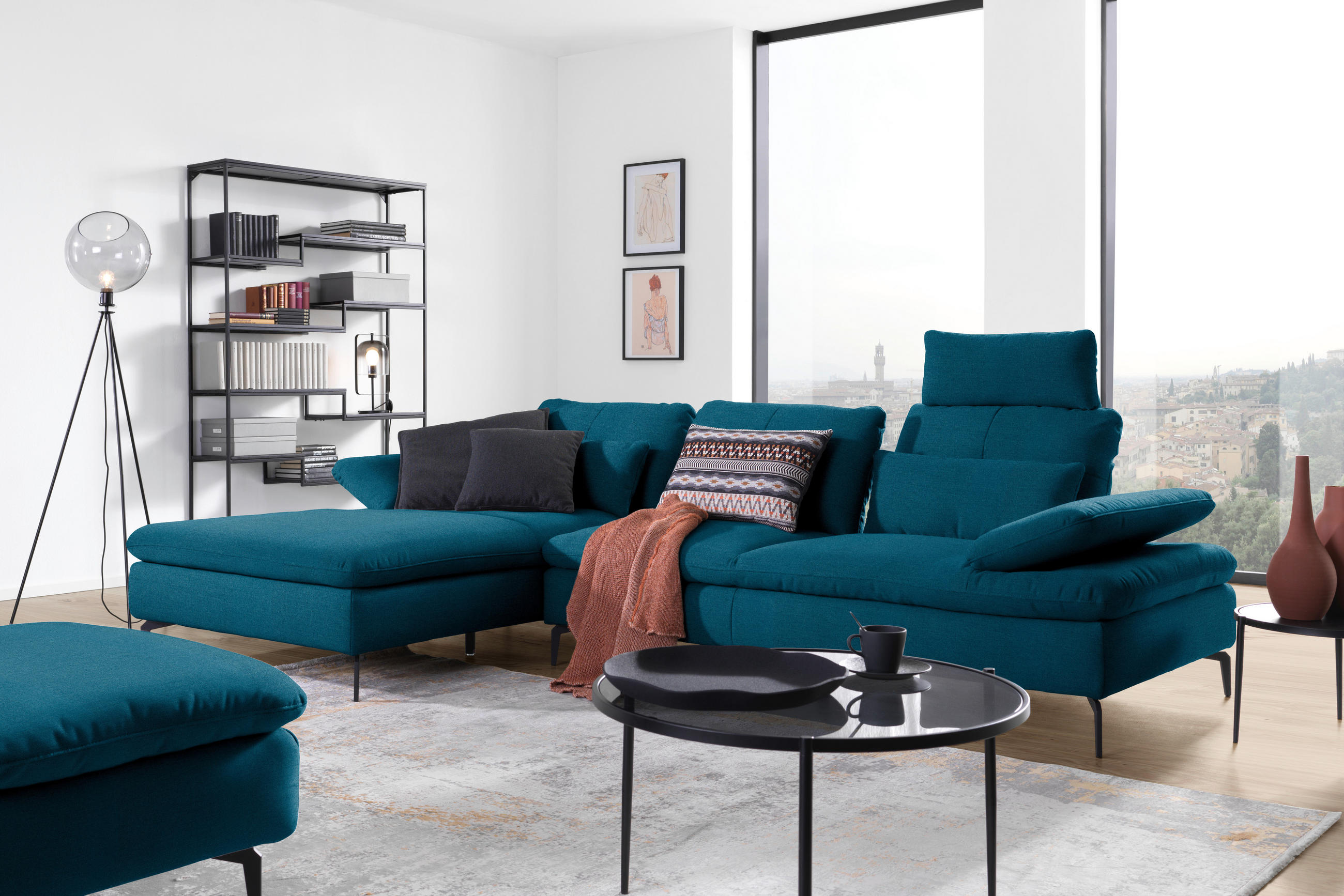 ECKSOFA in Webstoff Dunkelblau  - Schwarz/Dunkelblau, Design, Textil/Metall (179/301cm) - Chilliano