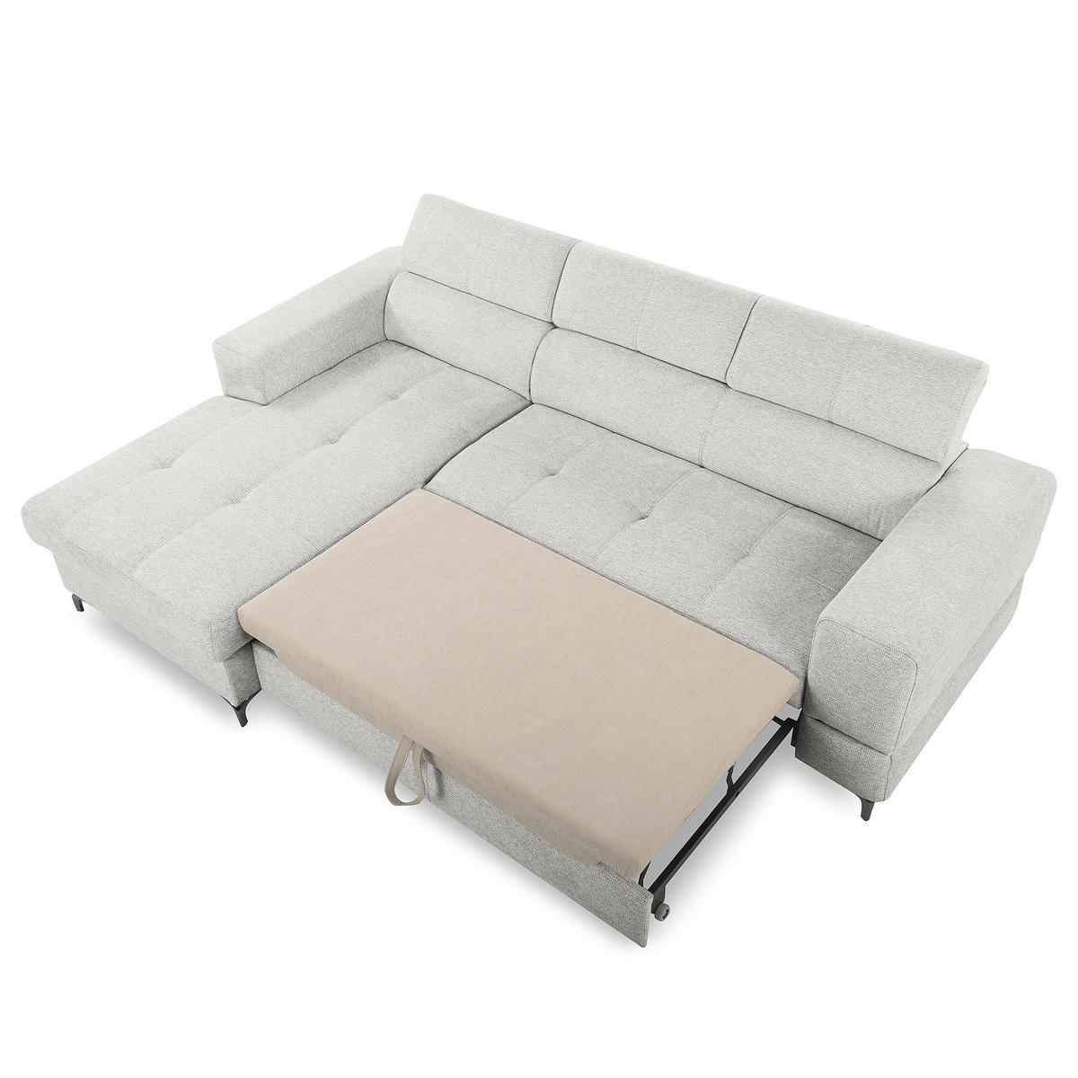ECKSOFA TORINO Hellgrau Chenille Bettkasten, Kopfteilverstellung  - Schwarzchrom/Hellgrau, Design, Textil/Metall (173/247cm) - Livetastic